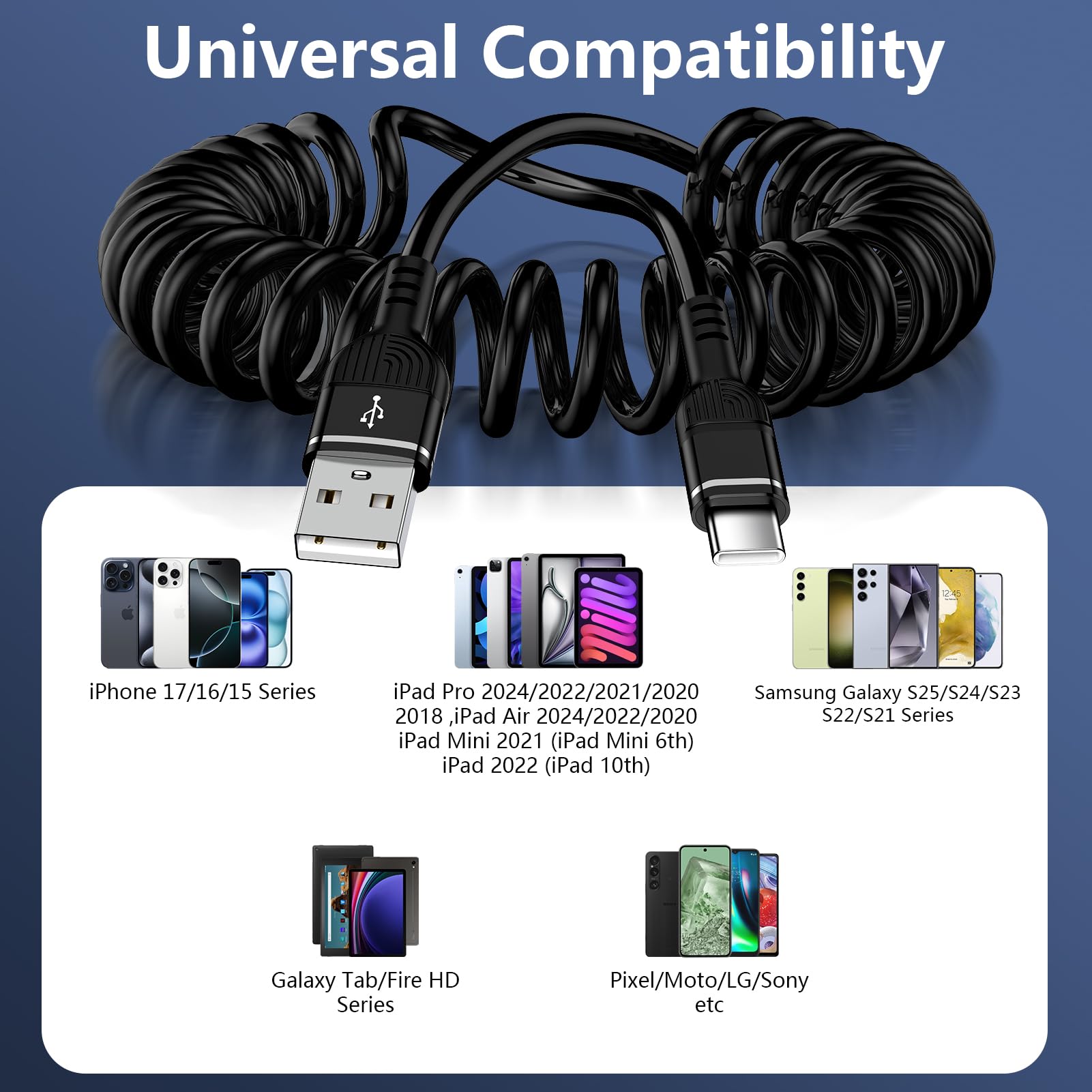 Cavo di ricarica da auto a spirale USB-C per iPhone 16e/16/16 Plus/16 Pro/16 Pro Max/15 Plus/15 Pro/15 Pro Max, cavo curvo da USB A a USB C, cavo a spirale per auto Android