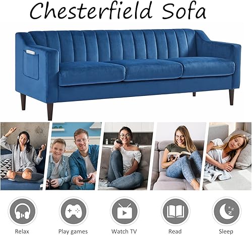Miniatura 6 de Altillo Moderno sofá Chesterfield de 3 plazas con bolsillo lateral de almacenamiento, cómodo sofá tapizado de terciopelo con patas de madera de