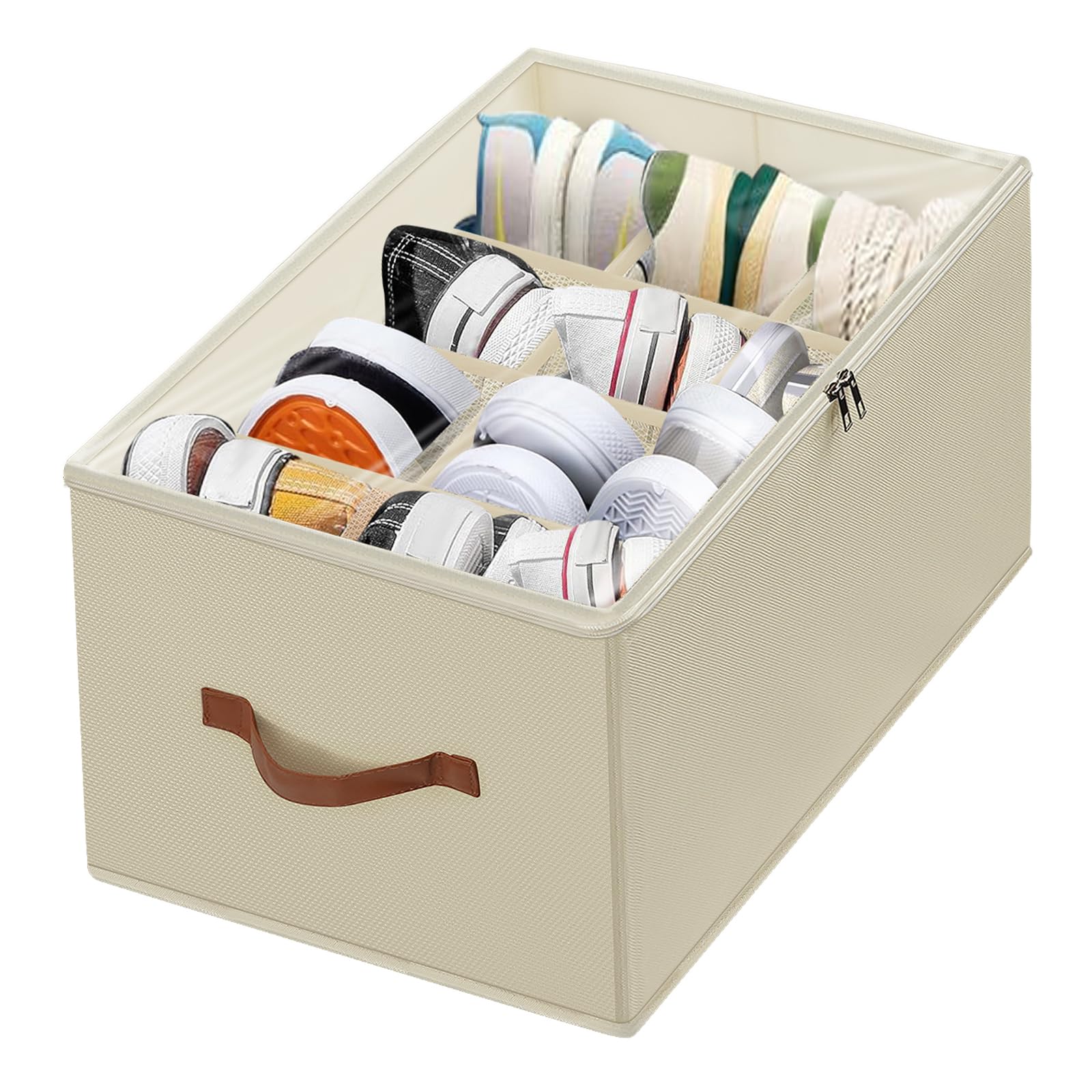 XiflLife Shoe Organizer for Closet-Foldable Shoe Storage Organizer Box with Clear Cover and Sturdy Handles,Closet Shoe Storage Bin for Sneakers Sandals Slippers,Space Saving Fit 12Pairs,Beige