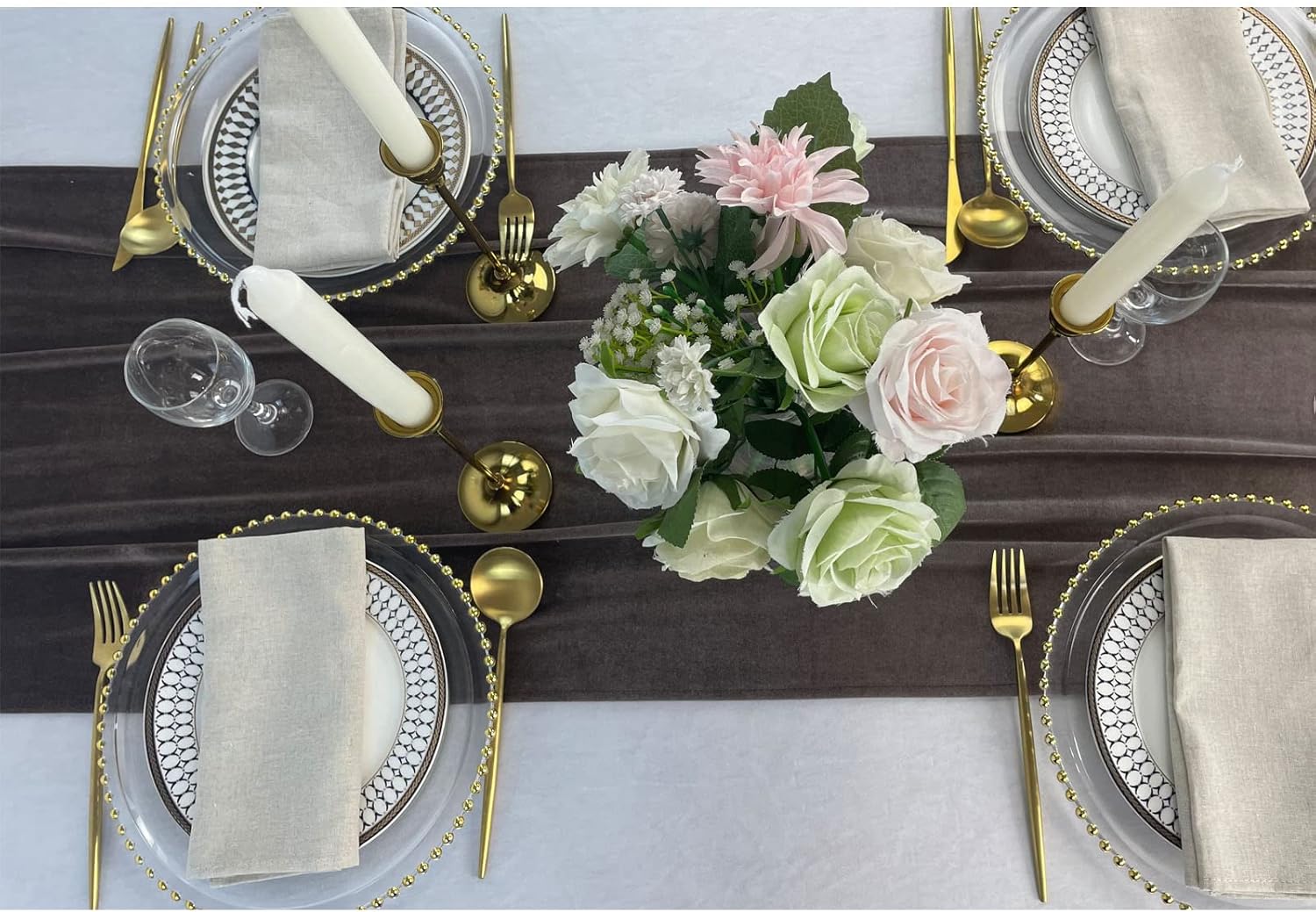 luxurious velvet table runner, 10ft wedding reception decorations, 20x120inch soft velvet fabric, table linen overlay, wedding table runners (brown, 20x120inch) brown 20x120inch
