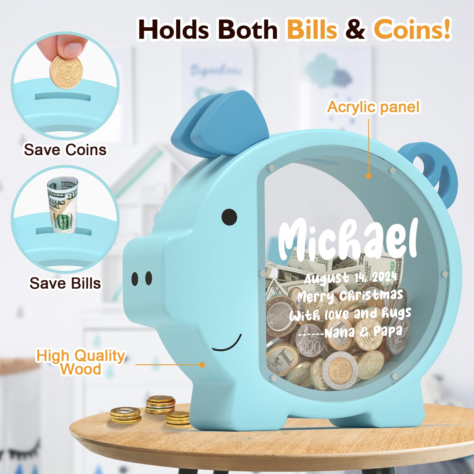 Summidate Hucha de Madera para Niños Niñas Niños Pequeños Adultos Grande Irrompible Billetes Monedas Cambio Frasco de Ahorro de Dinero Niños Regalo Personalizado Decoración de Guardería (Hucha Azul