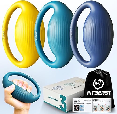 FitBeast Pelotas de ejercicio de mano  3 niveles de resistencia para adultos, pelotas de apretar para terapia de manos, rehabilitación, artritis,