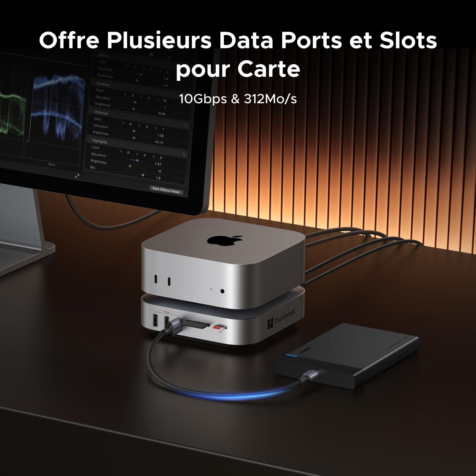 UGREEN Maxidok Thunderbolt 5 Docking Station Revodok Double Écran Extension | 10 en 1, 2 TBT5, 1 DisplayPort, Double 6K60Hz, Unique 8K60Hz, 120Gbps, SD TF 4.0, Boîtier M.2 SSD, pour Mac Mini M4 Pro M4