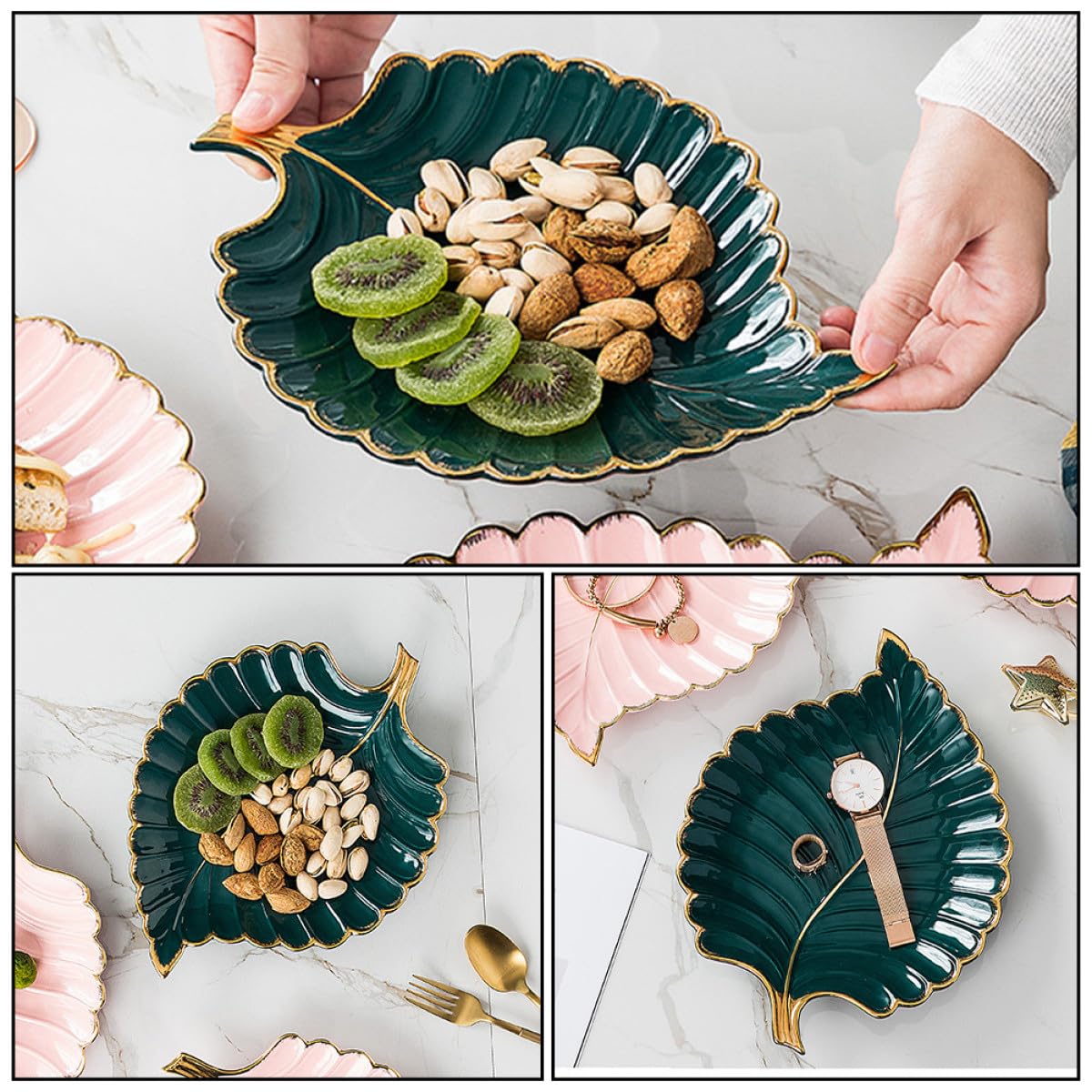 Bandeja Decorativa Diseño de Hoja de Cerámica Verde Borde Dorado para Joyas y Postres, Adecuada para Escritorio y Ambientación del Hogar