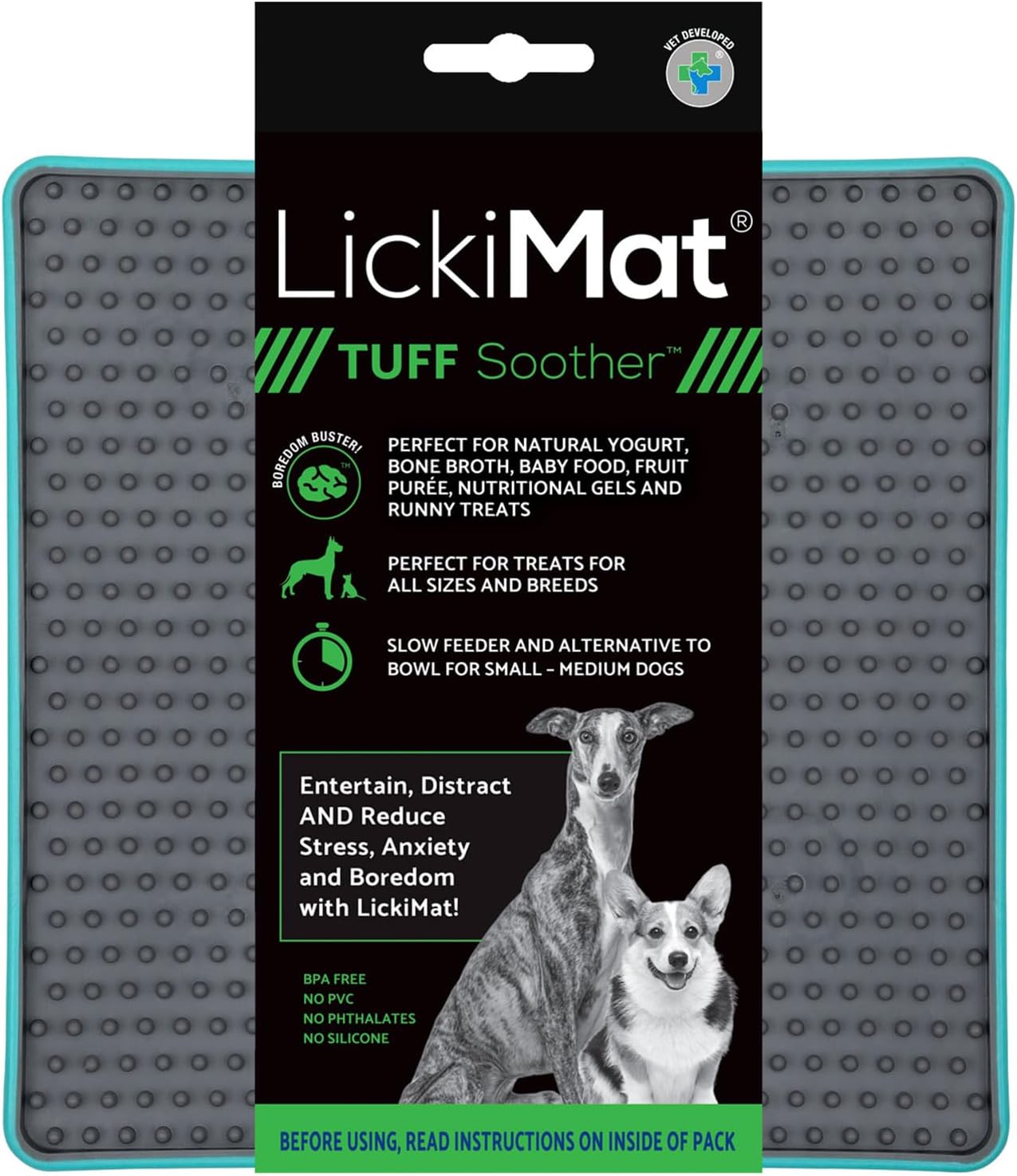Tuff, Heavy-Duty Soother, Dog Slow Feeder Lick Mat, Boredom Anxiety Reducer; Perfect for Food, Treats, Yogurt, or Peanut Butter, Fun Alternative to a Slow Feed Dog Bowl, Turquoise
