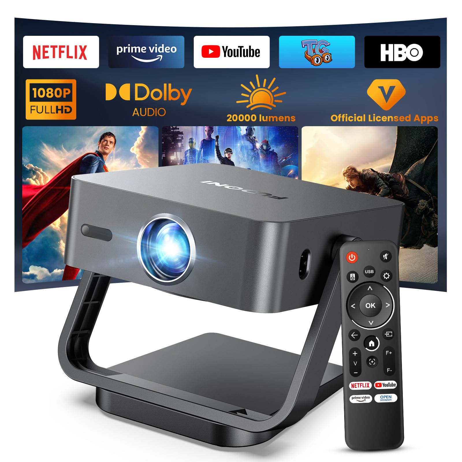 [Built-in Apps/Dolby Audio] FUDONI Smart Projector with WiFi 6 and Bluetooth, 1080P Full HD Projector with Netflix/ Prime Video/Youtube, Zoom Correction, Movie Proyector for Home & Outdoor G