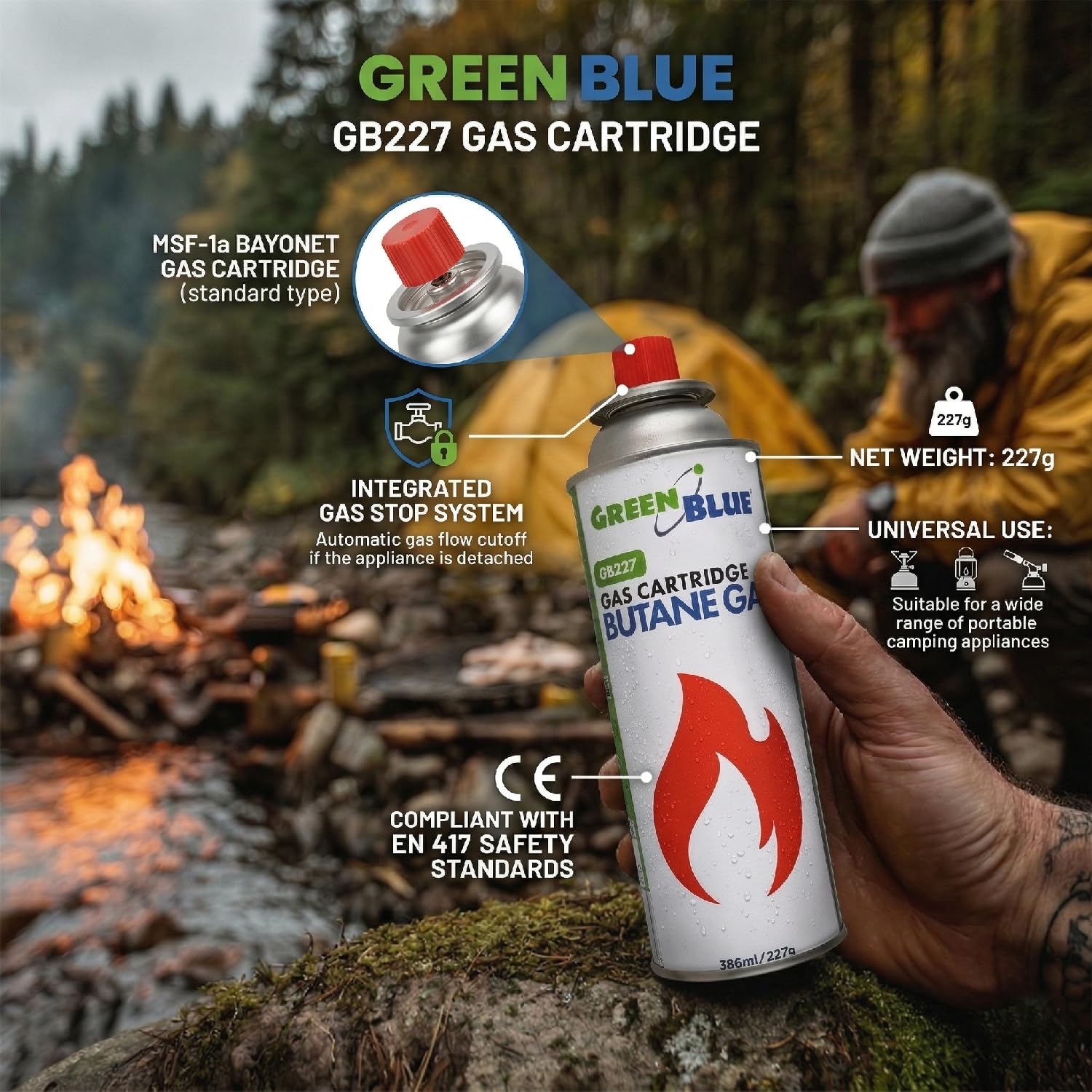 Green Blue GB227 Gaskartusche 227 g (386 ml) Butan, EN417, mit Gewinde, automatisches Ventil, wiederverwendbar, für Campingkocher | Einsatzbereich: -10 °C bis +40 °C (56, farblos)