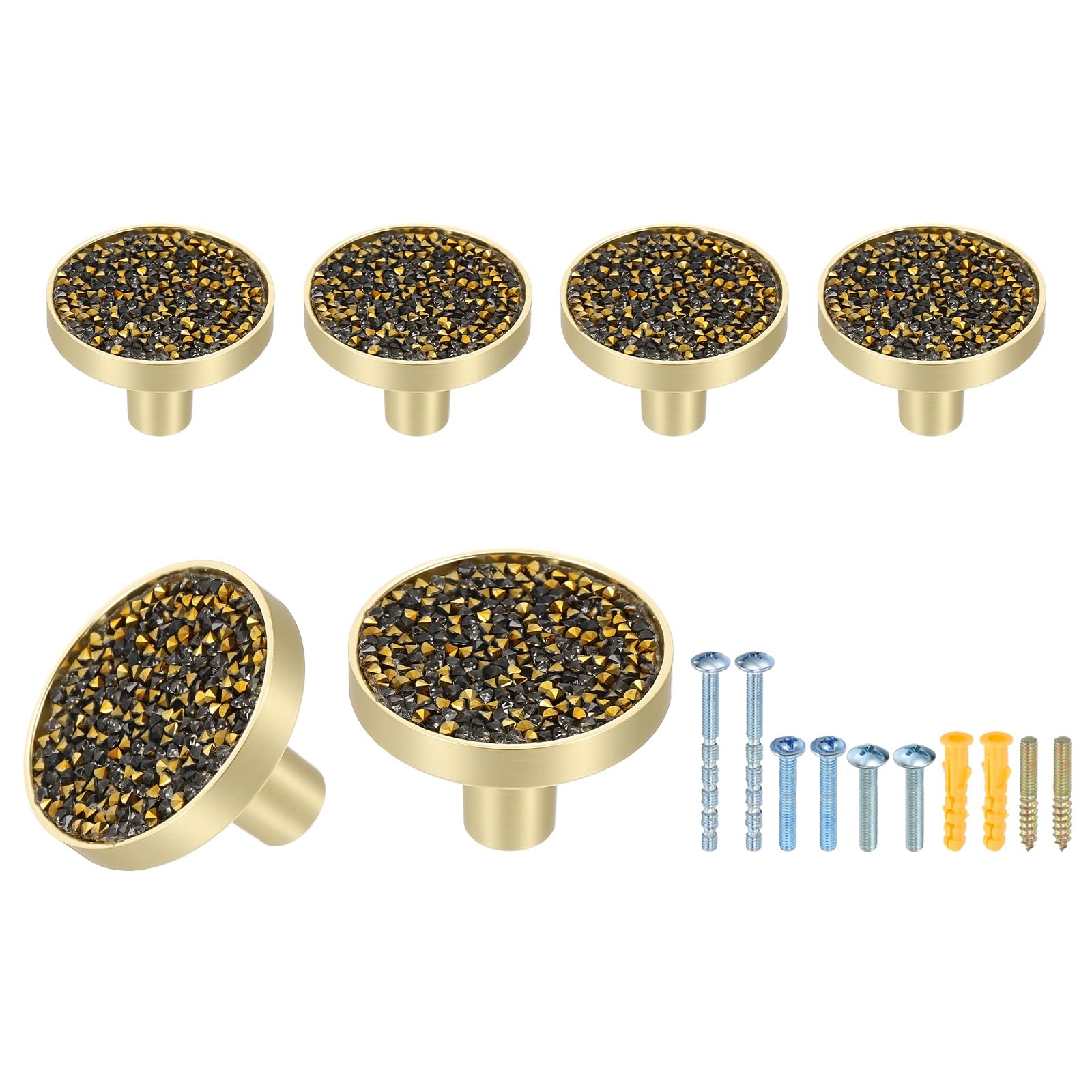 sourcing map 6Pcs Gold Cabinet Knobs, 32mm Decorative Round Knobs Kitchen Cabinet Handles with Screws Drawer Pull Hardware for Cupboard Dresser Wardrobe, Diamond Gold