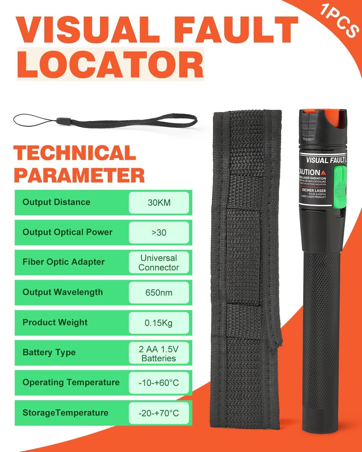Visual Fault Locator 30mW 30KM, Fibre Optic Tester VFL Red Light Pen with FC Male to LC Female Adapter - Image 2