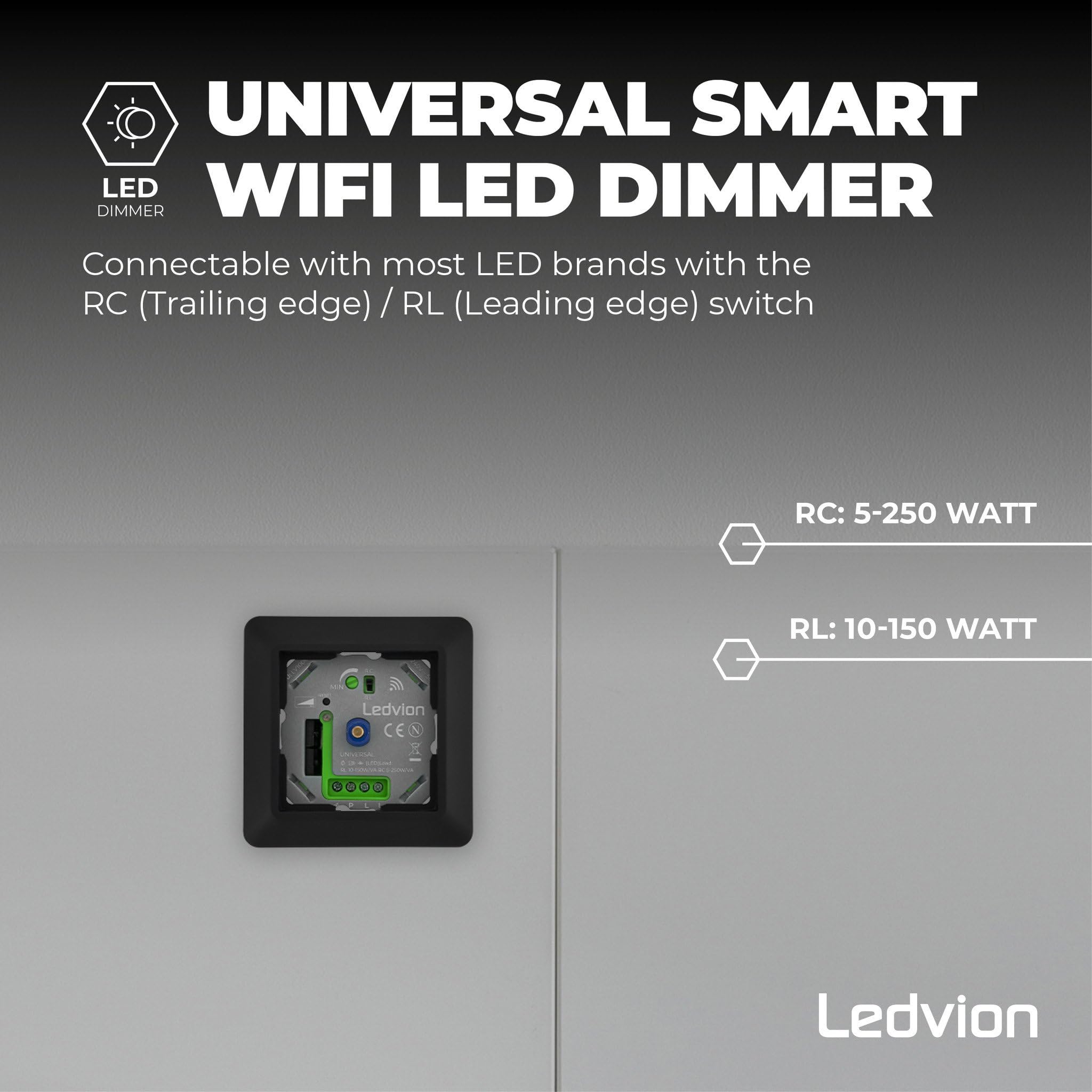 Ledvion - Interruttore Intelligente LED, LED 5-250W, Copertura Nera, Taglio di Fase, Dimmer Rotativo da Incasso, Variatore Rotativo LED