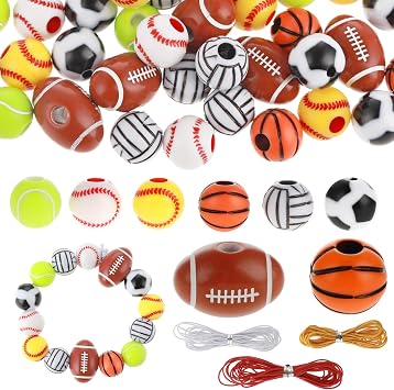 Ouligay 70pcs Sports Beads, 12mm Basketball Baseball Volleyball Football Tennis Softball Beads, Acrylic Beads for Crafts Bracelets Necklace Pendants7 Styles 10pcs Each