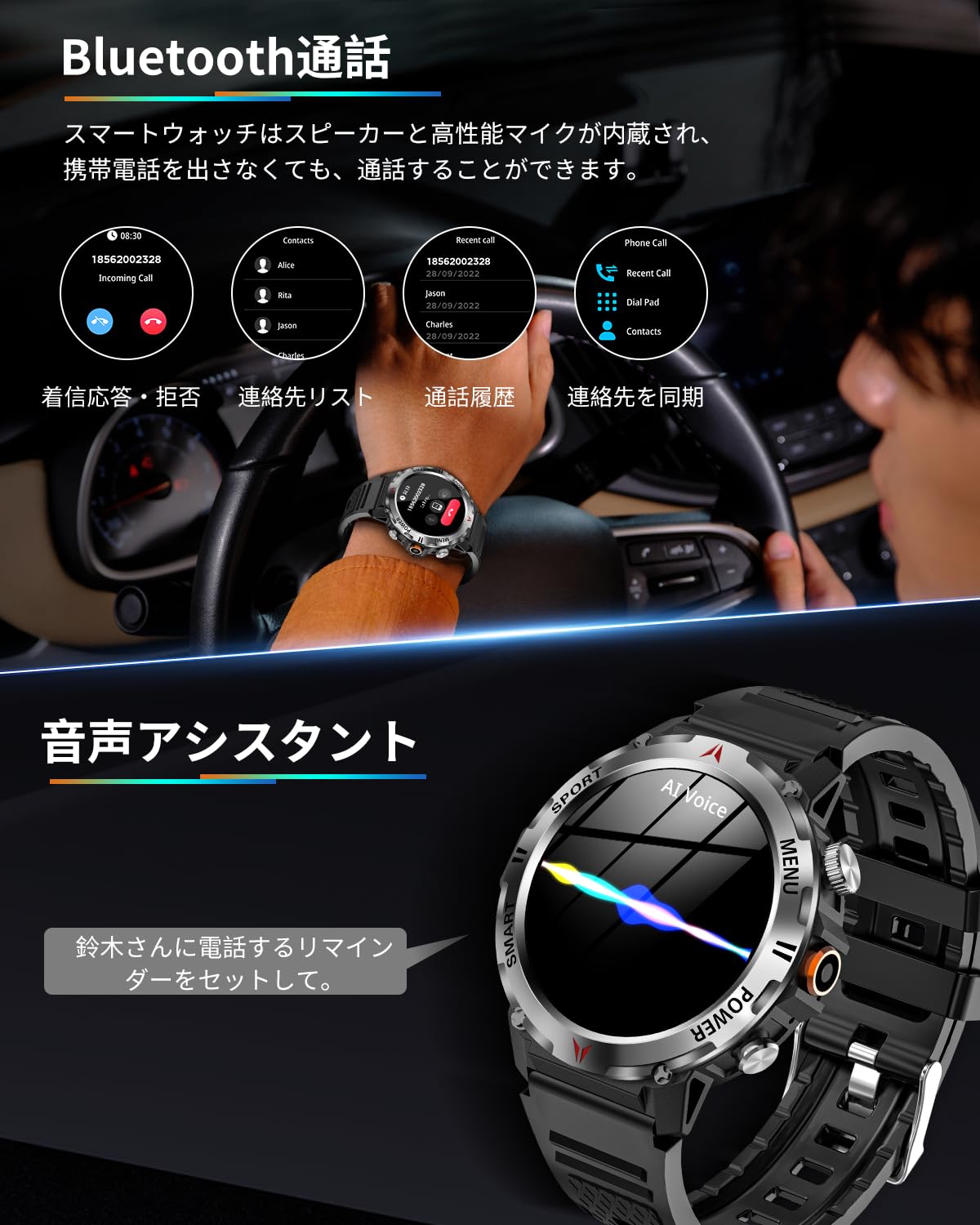 Amazon | スマートウォッチ【2025新登場 軍用規格 懐中電灯】Bluetooth5.3通話 LINE/メッセージ通知 100＋運動モード  GPS運動記録 防塵防水 スポーツウォッチ 長持ちバッテリー DIY文字盤 腕時計 歩数計 遠隔撮影 音楽制御 腕上げ点灯 アラーム 電卓 ストップ  ウォッチ ...