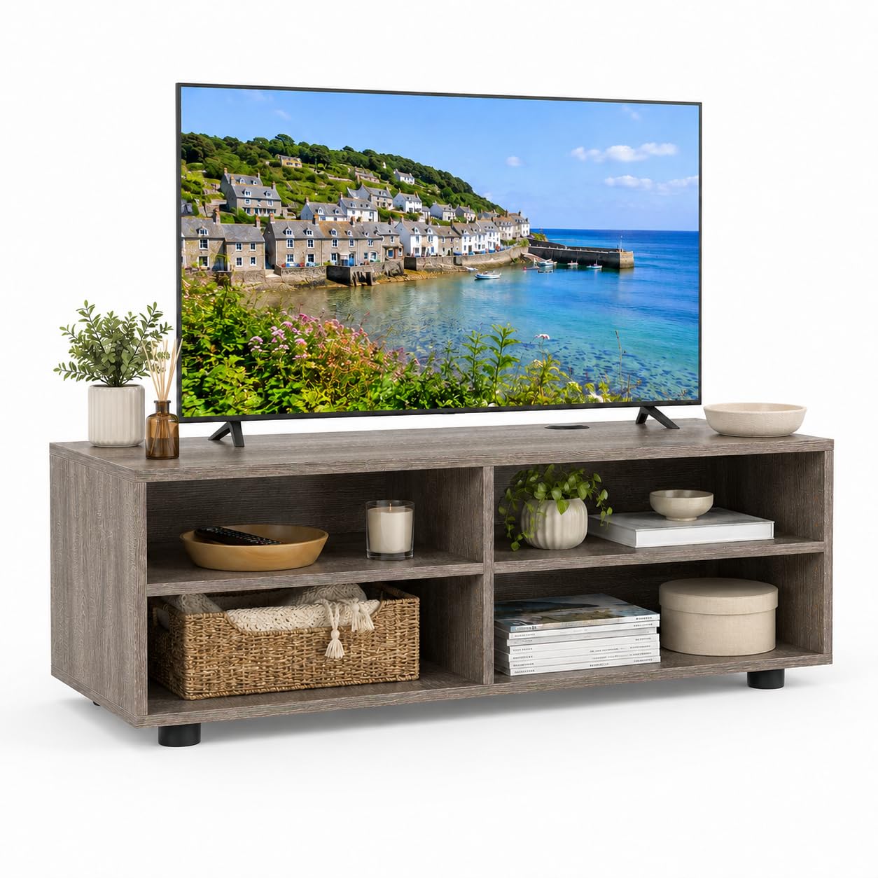 CASART TV Stand, 3-Tier Wooden TV Cabinet with Adjustable Shelves, Modern White TV Console Table Living Room Media Entertainment Center for TVs up to 40"/55" (Grey Oak, 4 Cubes-90 x 39 x 33cm)