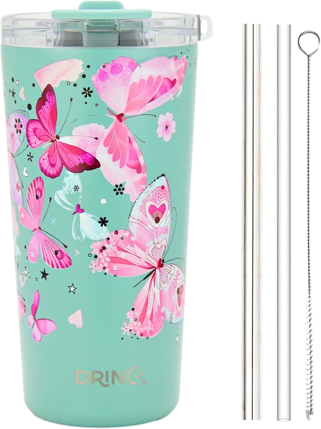 Drinco - 20 oz Stainless Steel Tumbler | Double Walled Vacuum Insulated Mug With Lid, 2 Straws, For Hot & Cold Drinks (20oz Butterfly) - Image 2