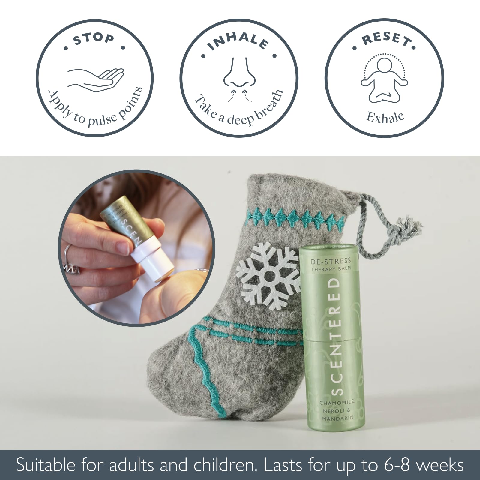 Scentered DE-STRESS Balsamstift für Aromatherapie Weihnachtsstrumpf - Wirkt entspannend & beruhigend & reduziert Stress - Kamille, Jasmin & Zedernholz