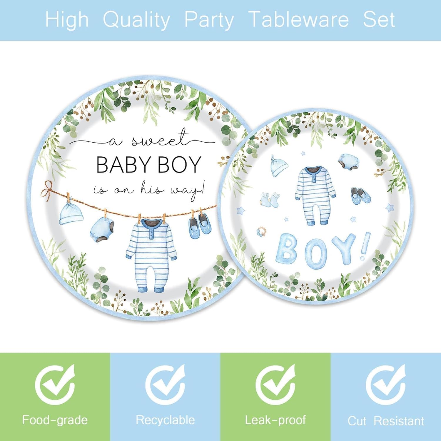 96PCS Boy Baby Shower Party Decoration A Sweet Boy Is On His Way Paper Plates Napkins Disposable Tableware Greenery Baby Shower Party Supplies for Boys Serve 24 - Image 3