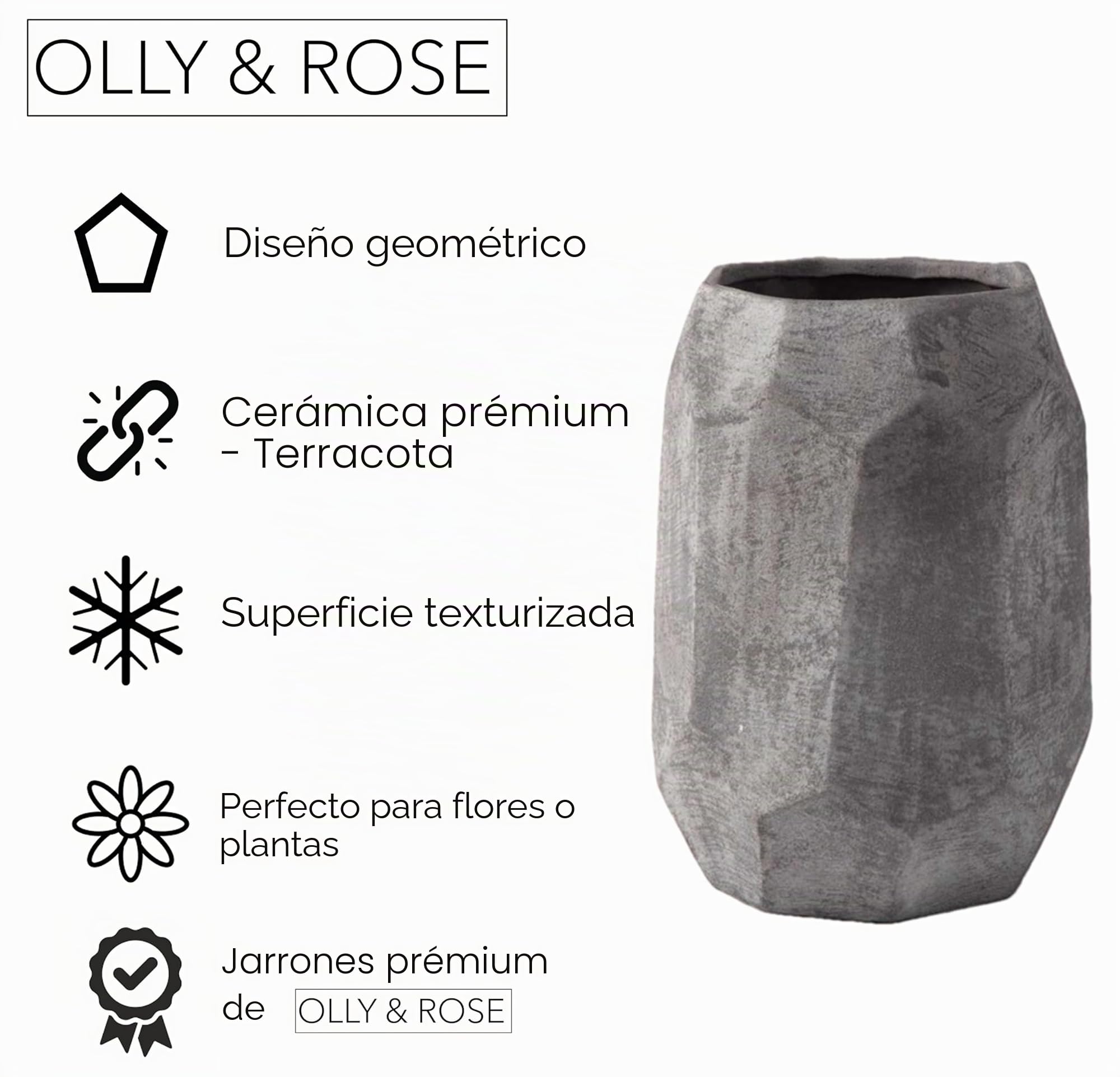 Leon Jarrón geométrico de cerámica - Gris texturizado 34 cm de altura - Jarrones modernos