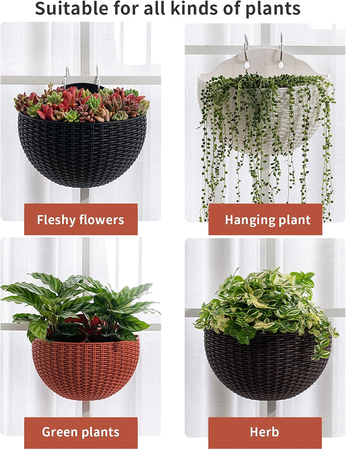 2 Pcs Imitation Rattan Wall Hanging Flower Pot, Semicircle Hanging Planters Outdoor with Drainage Hole and Hooks, Plastic Garden Hanging Basket for Balcony Fence (Brick red)