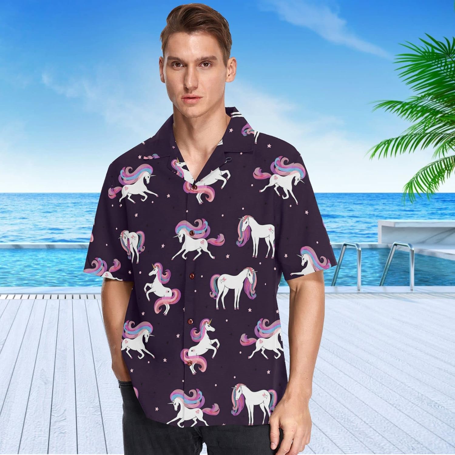 visesunny Stylish Men's Seasonal Hawaiian Print Button Down Short Sleeve Shirt Beach Clothing Unisex S-XXXL