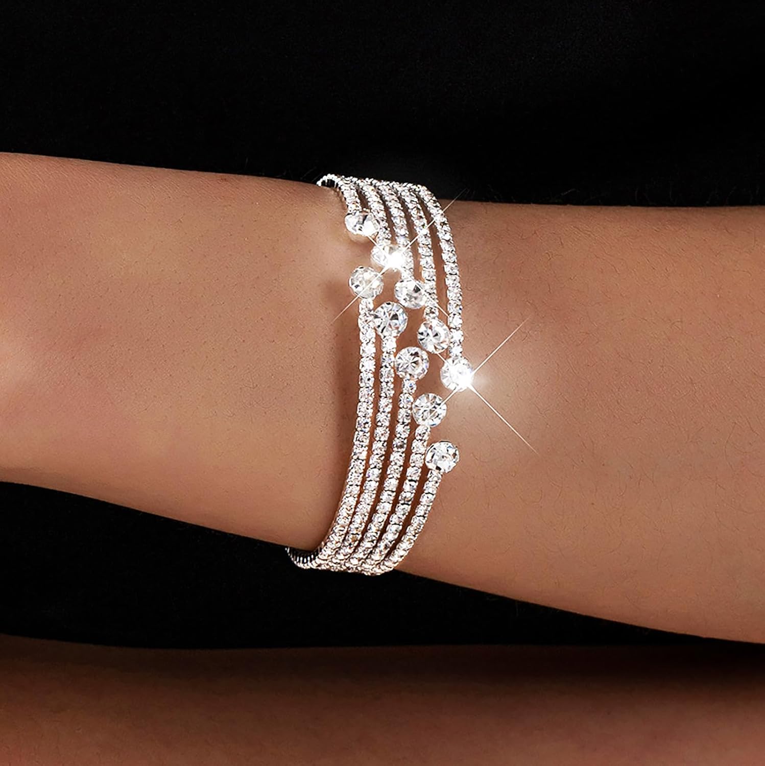 Rhinestone Cuff Bracelets for Women Dainty Silver Bracelet Stack Bling Crystal Stretch Bracelet for Party Prom Wedding - Image 2