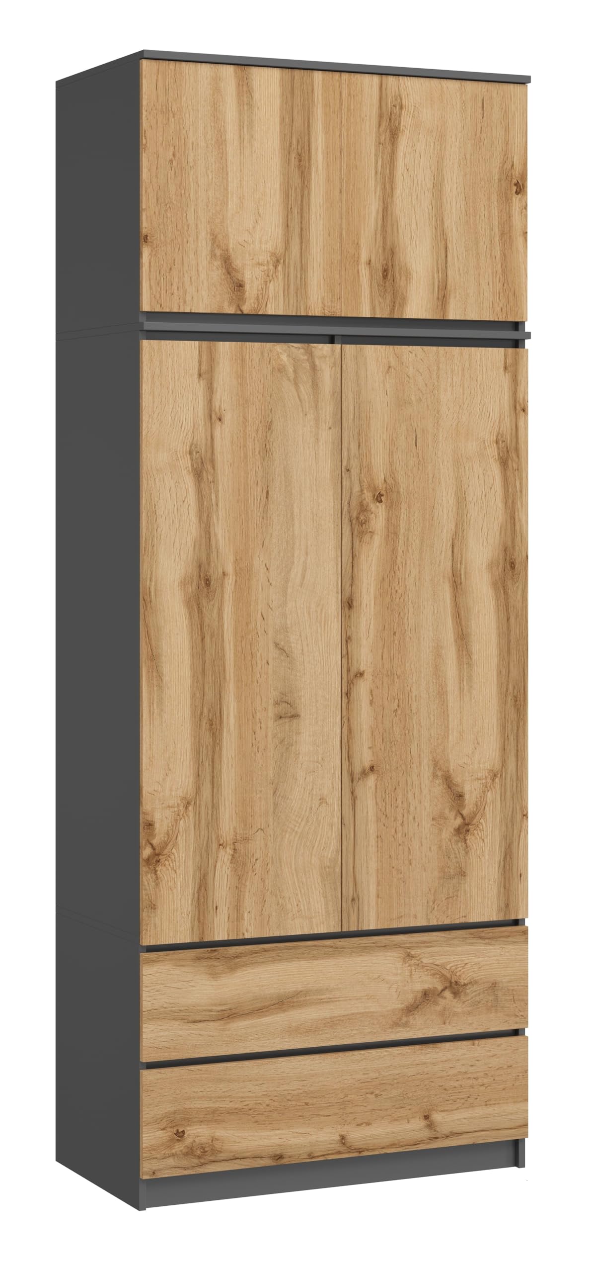 Großer Kleiderschrank, Schrank mit 4 Türen, 2 Schubladen, 6 Einlegeböden und Kleiderständer, Mehrzweckschrank, Garderobenschrank 235x90x50,5cm (Grafit/Eiche Wotan)