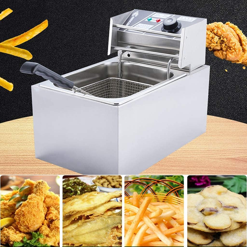 Fryer Basket,8L Electric Fryer Commercial Single Tank Fryer Stainless Steel Chips Fryer Countertop Electric Fryer with Lid and Basket, 3000W,3KW