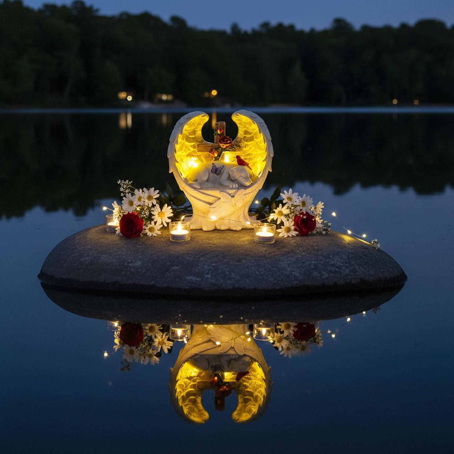 Solar Dog Memorial Stone with Angel Wings Cross Cardinal Passing Away Gifts, Sleeping Pet Grave Markers Dog Loss Sympathy Gift Resin Statue with Solar Lights for Garden Decor