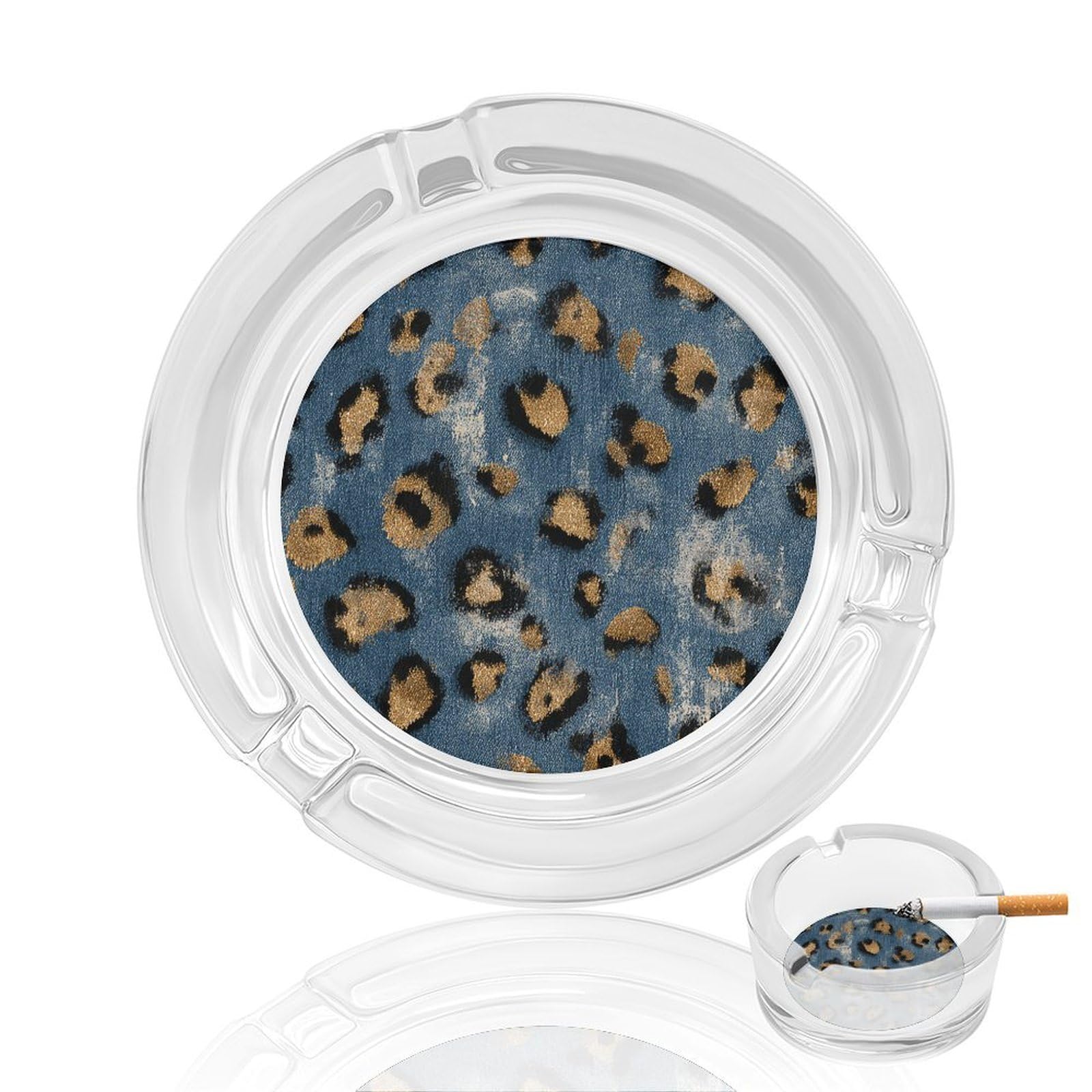 Leopard Spot Print on Distressed Denim Glass Ashtray for Cigarettes Portable Decorative Ash Trays for Home Office Decor