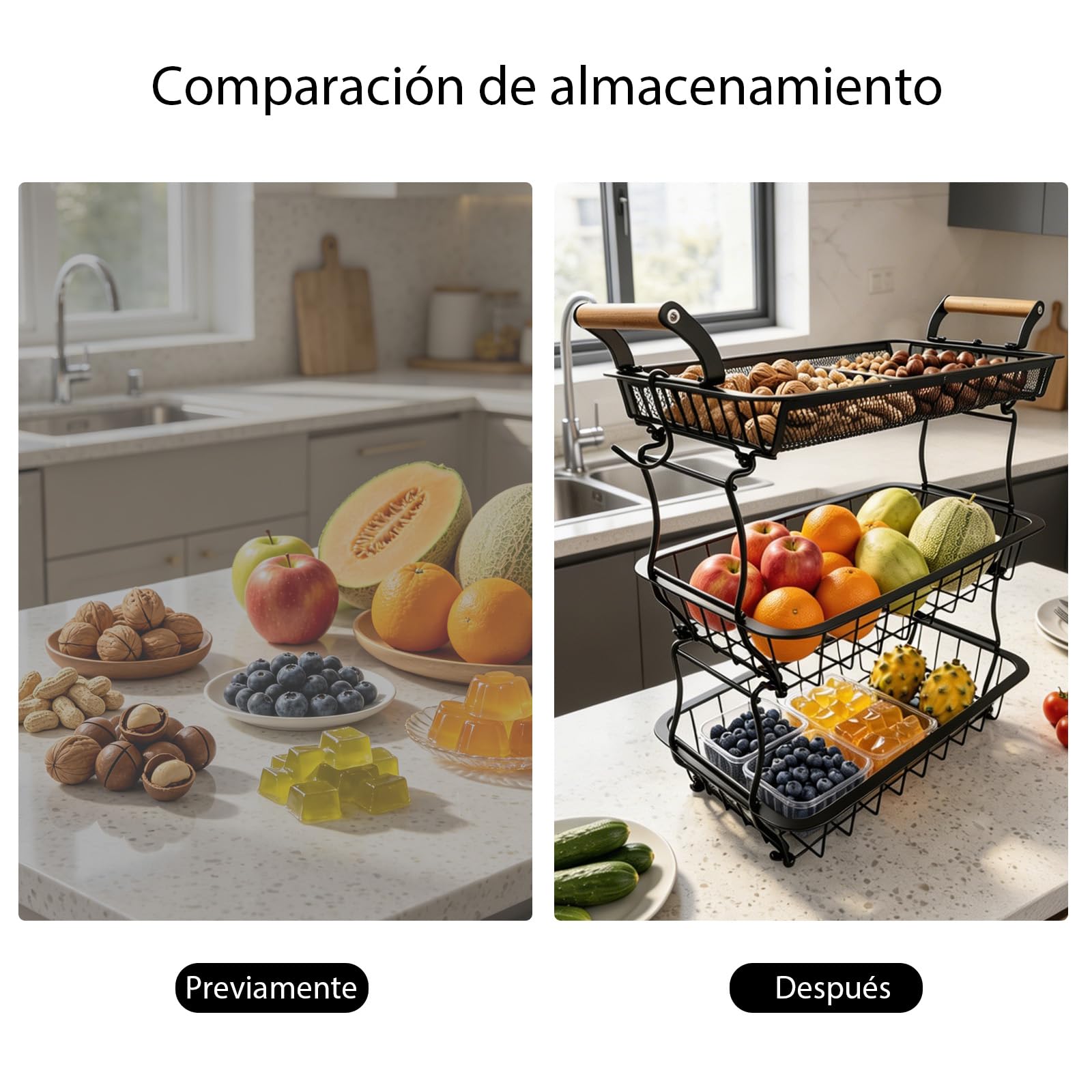 Cesta de Frutero de 3 Niveles, Soporte de Frutas de malla con 2 Ganchos para Plátanos, Encimera de Cocina, Aparador, Despensa, para Almacenar Pan, Aperitivos, Frutas y Verduras (Negro)