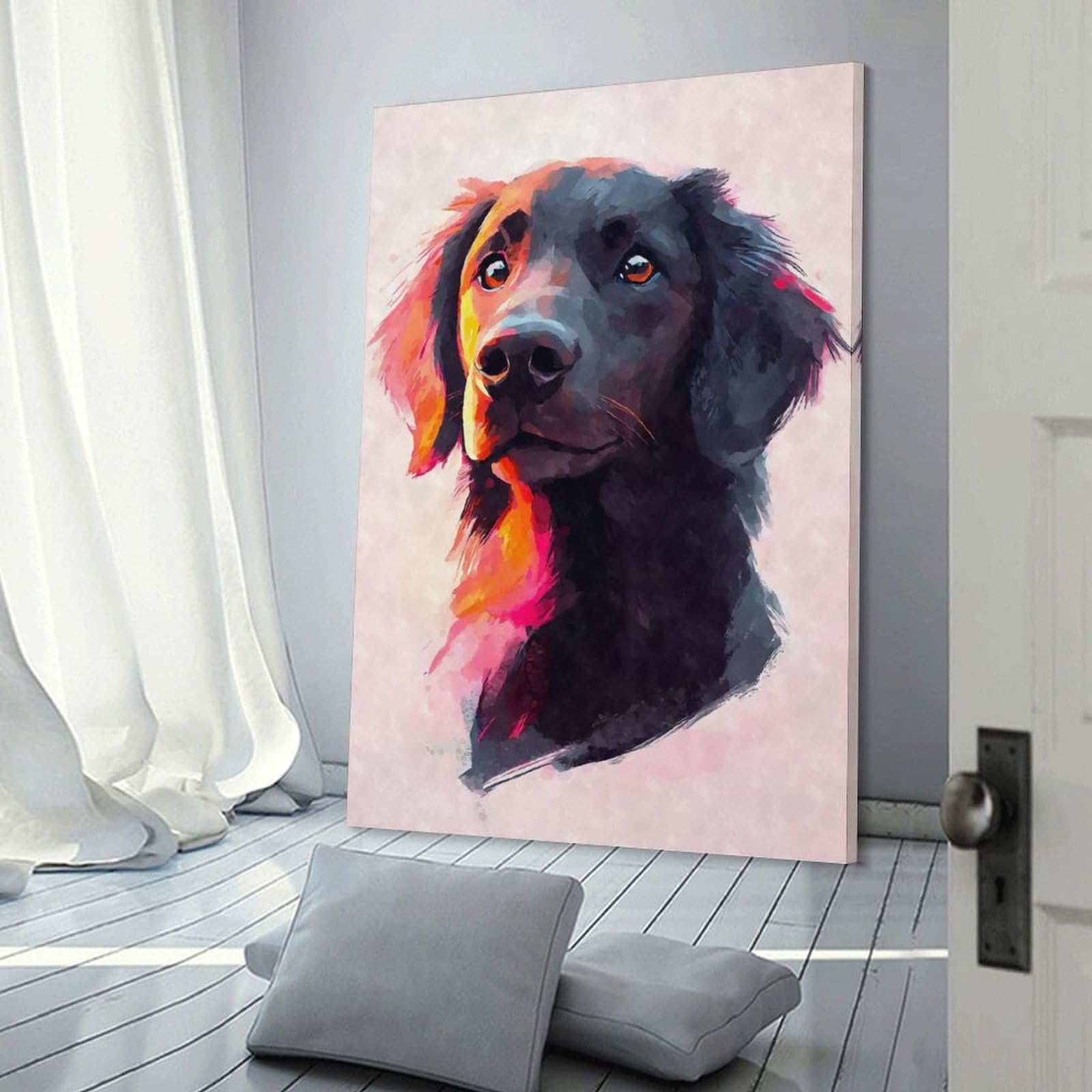 Junmoney Wall Picture Print Flat-coated Retriever Watercolor Portrait, 24x36inch(60x90cm), for Wall Displays, Bedrooms Or Room Updates, Wall Decor Suited to Curated Displays