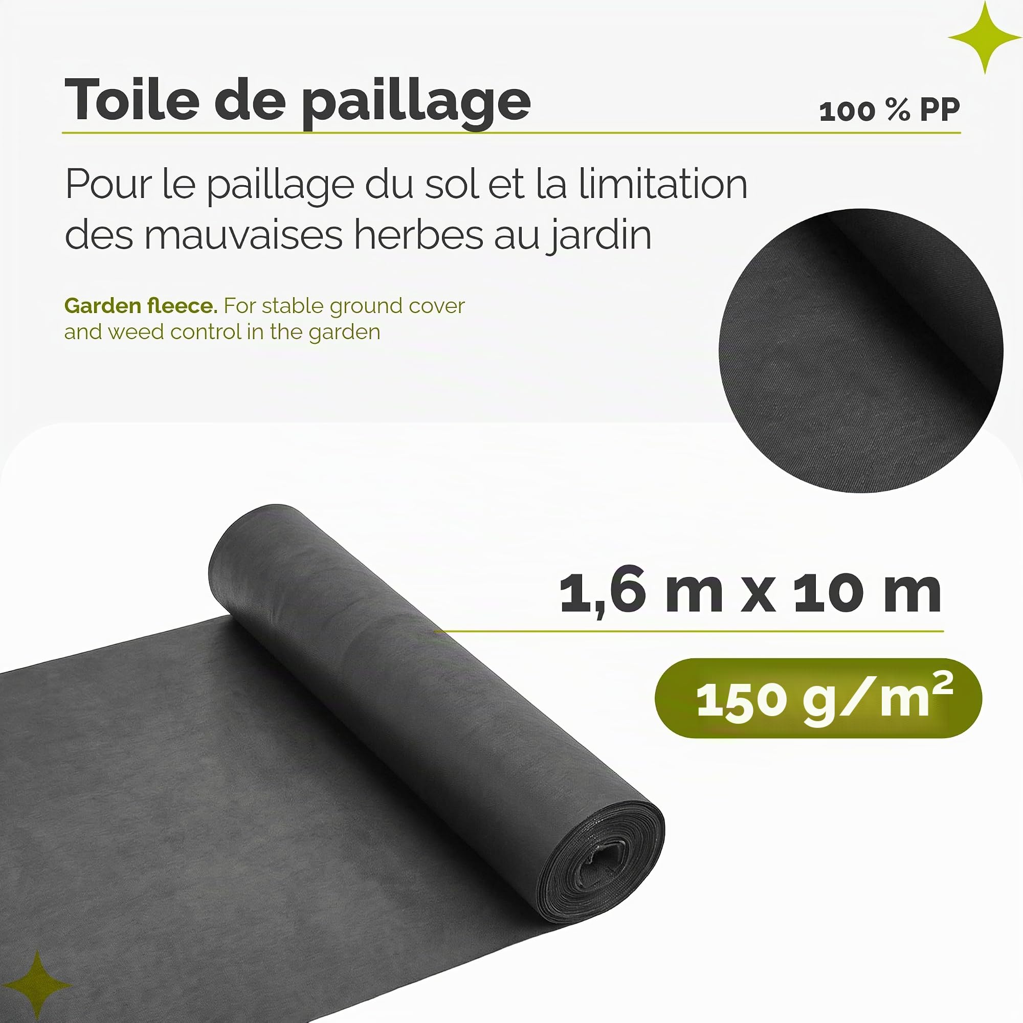 Garronda Toile de Paillage 150g/m² Geotextile 1,6m x 10m 16m² Noir GD-0177 | Toile Anti Mauvaises Herbes, Géotextile Jardin, Stabilisé UV, Perméable à l'Eau, Résistant à la Déchirure pour Gravier Allées