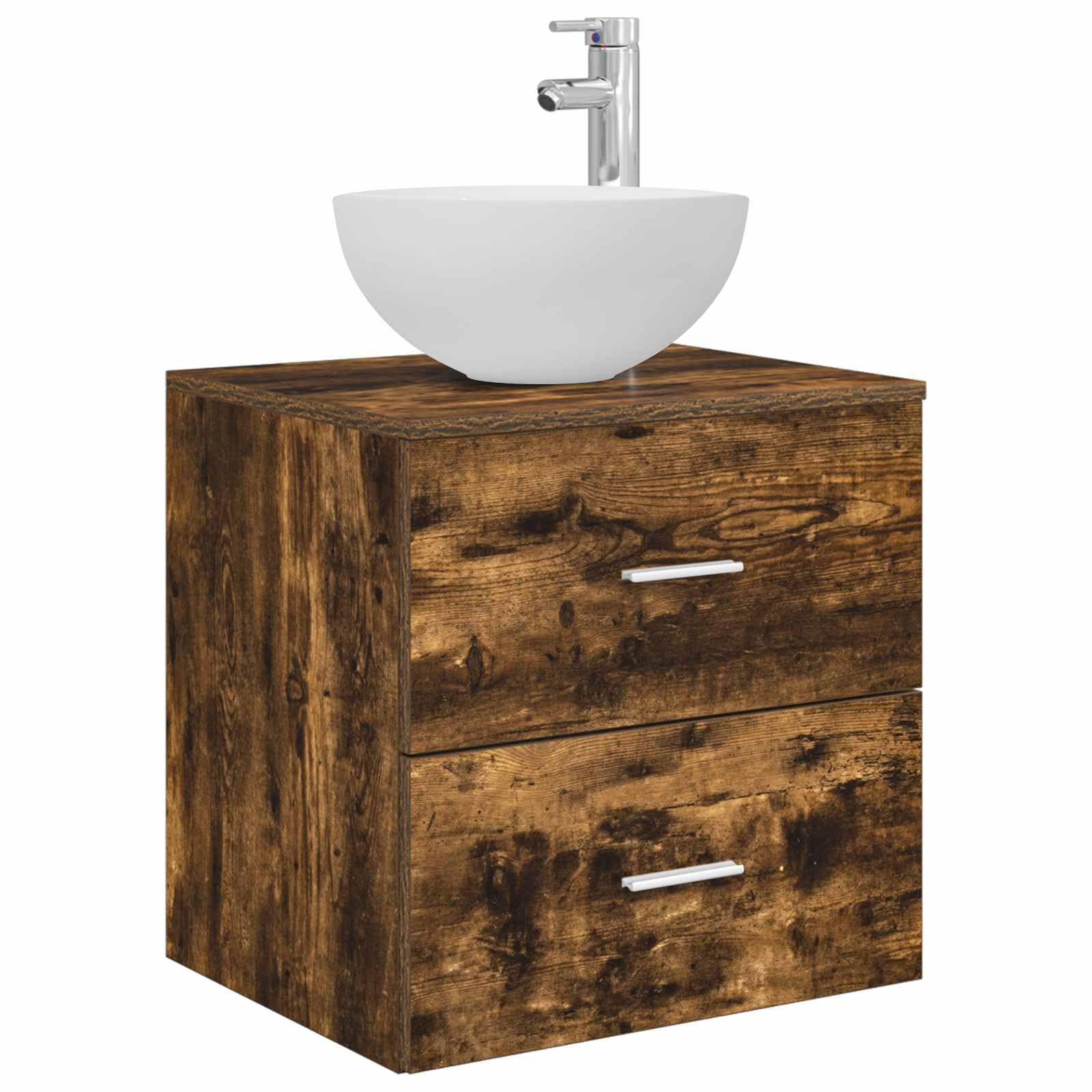 Juego de 4 muebles de baño de roble ahumado con espejo LED, montaje en pared, espacio de almacenamiento e iluminación USB para un diseño moderno de baño