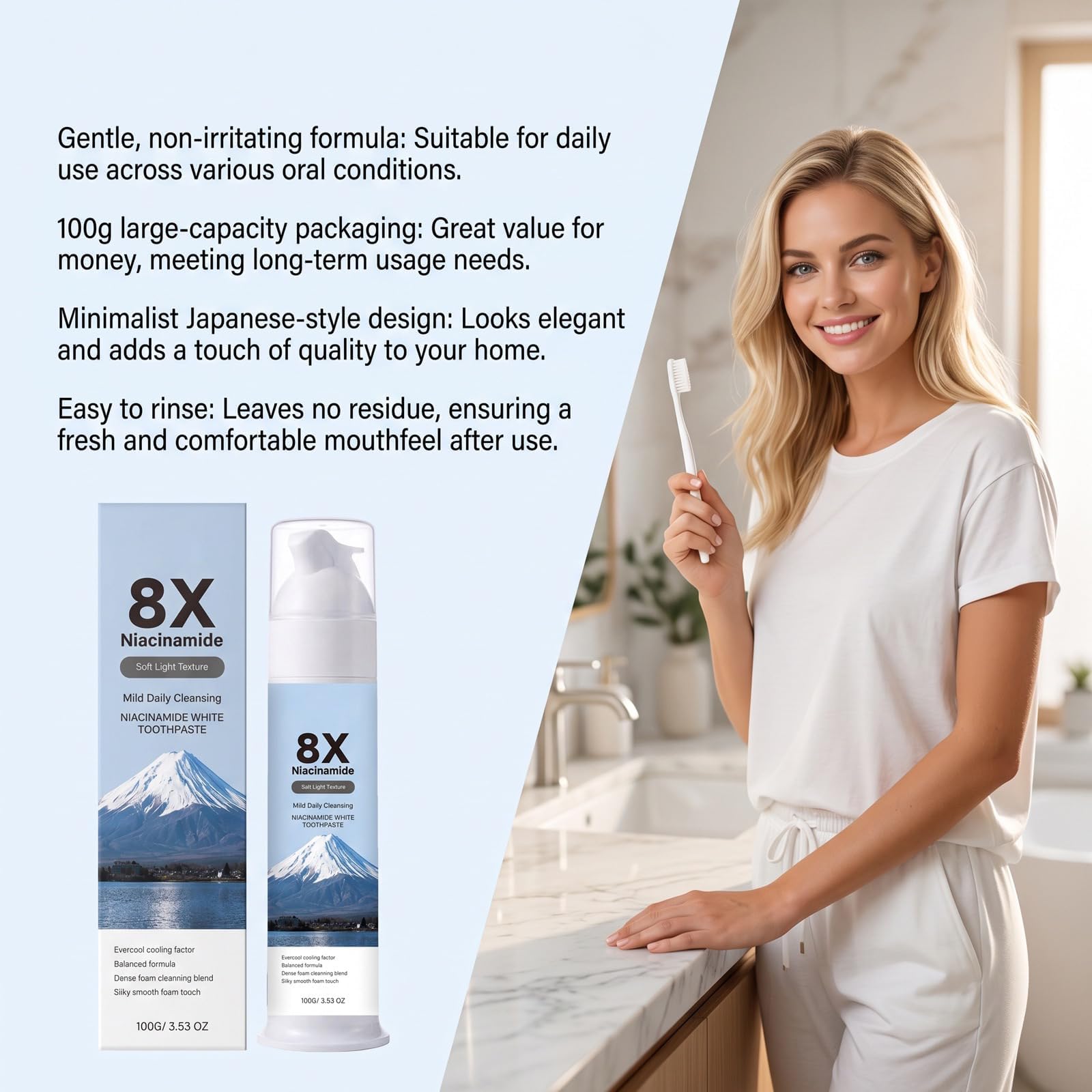 Dentifricio sbiancante in schiuma alla niacinamide con carbone di bambù, dentifricio sbiancante, aiuta a rimuovere le macchie superficiali, alito fresco, igiene orale quotidiana