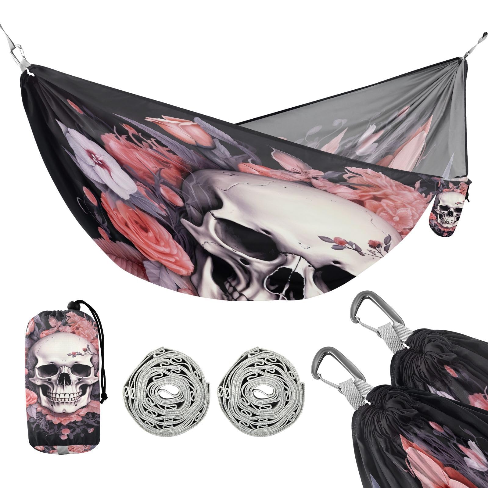 Haskirky Halloween Skull Camping Hammock, Single Portable Hammocks with Tree Straps & Attached Carry Bag, 330Lbs Capacity Perfect for Outside Indoor Hiking Beach Backpack Travel