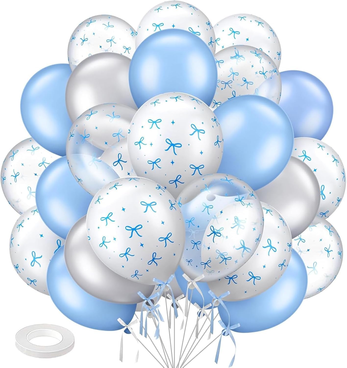 30 Pcs Blue Bows Clear Balloons,12 Inch Pastel Light Blue and White Transparent Bow Balloons With Bow Printed for Birthday Bachelorette Party Wedding Anniversary Decorations Supplies