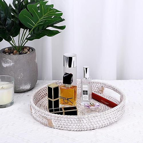 Miniatura 7 de Hipiwe Bandeja redonda de mimbre de 10.4 pulgadas con asas, bandeja de servir de mesa de café, bandeja de servir de maquillaje, bandeja de tocador,