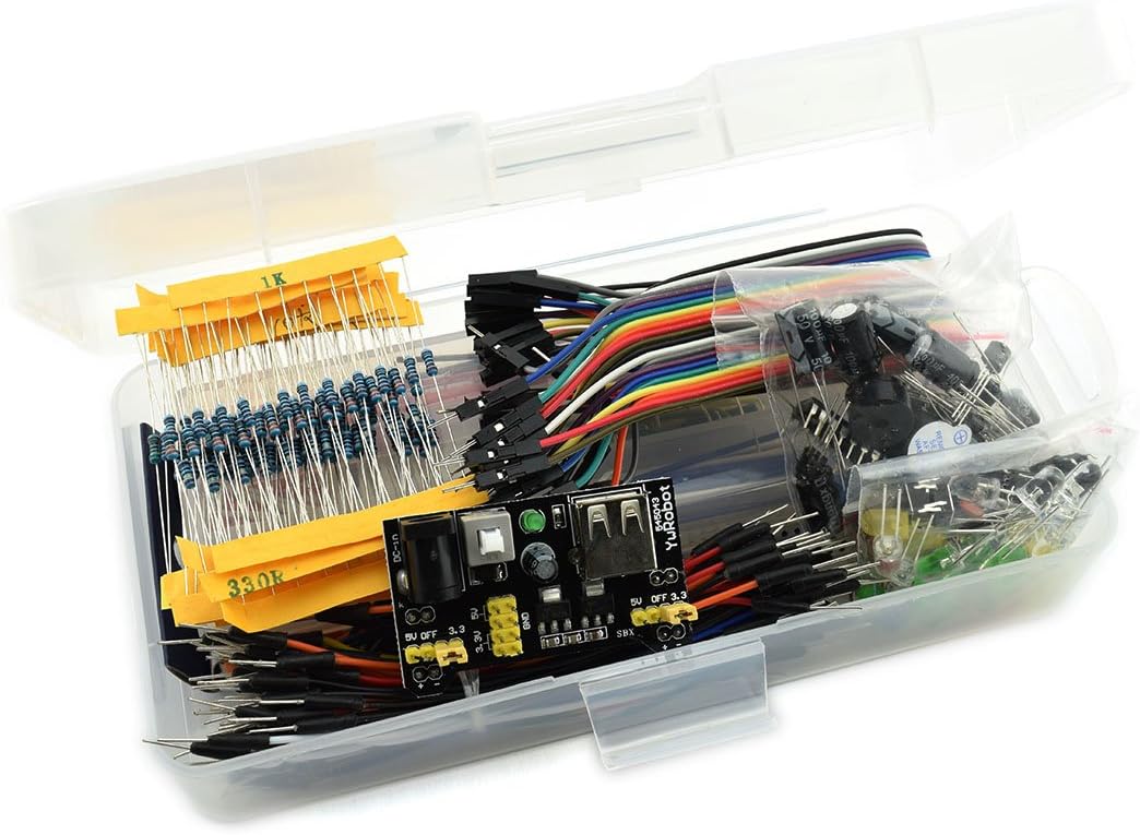 HJ Garden Electronic Component Assorted Kit for Arduino, Raspberry Pi, STM32 etc. 830 Breadboard + Jumper + Power Module + Resistor + Capacitor + LED + Switch (Pack of 458pcs)