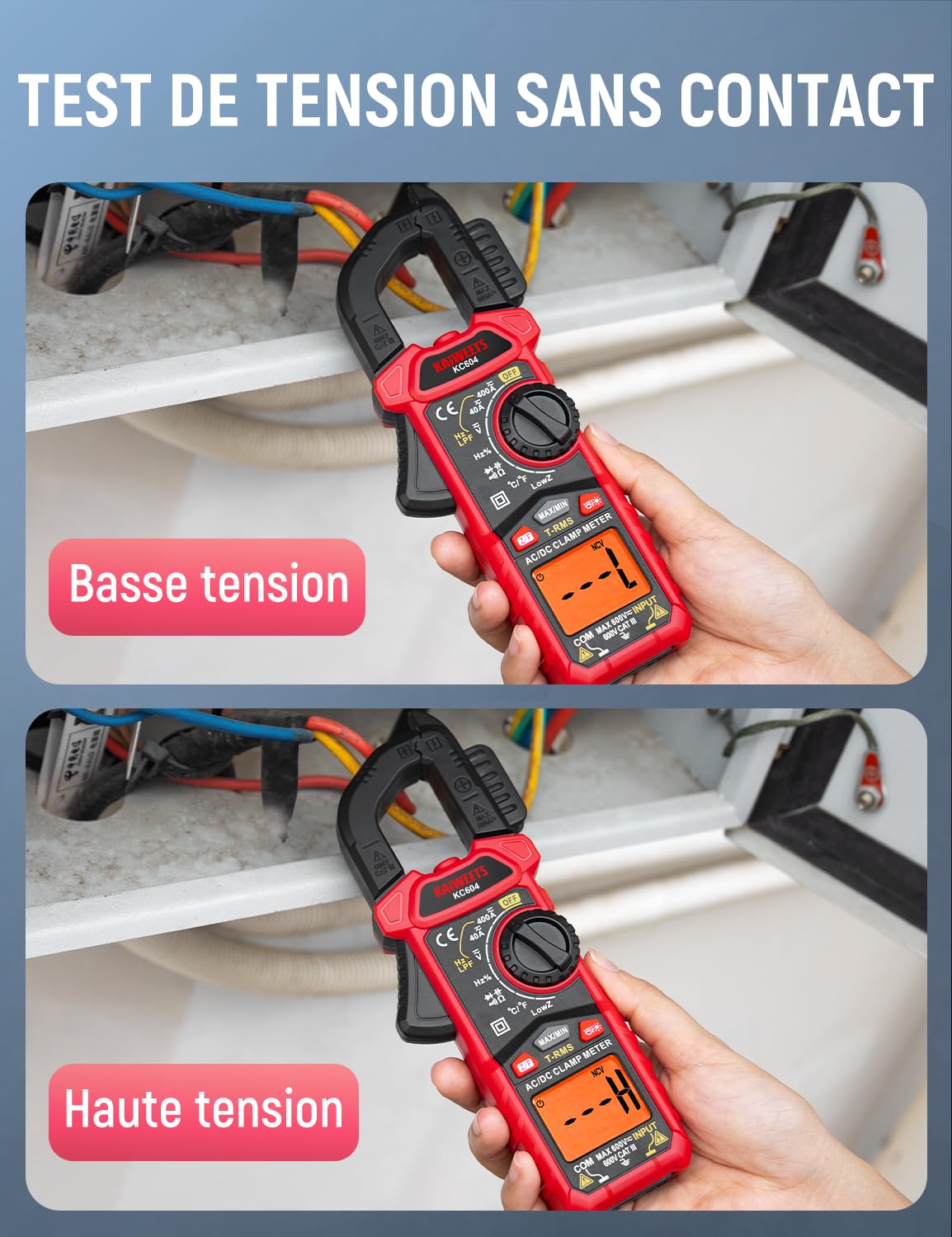 KAIWEETS Pince Ampèremètre AC/DC, Pince Multimètre Mesurer la Tension AC/DC/Courant/Température/Continuité/Diode/NCV, Pince Ampèremétrique avec Lampe de Poche, Rétro-éclairage, Mâchoire-D, KC604 — vue 5