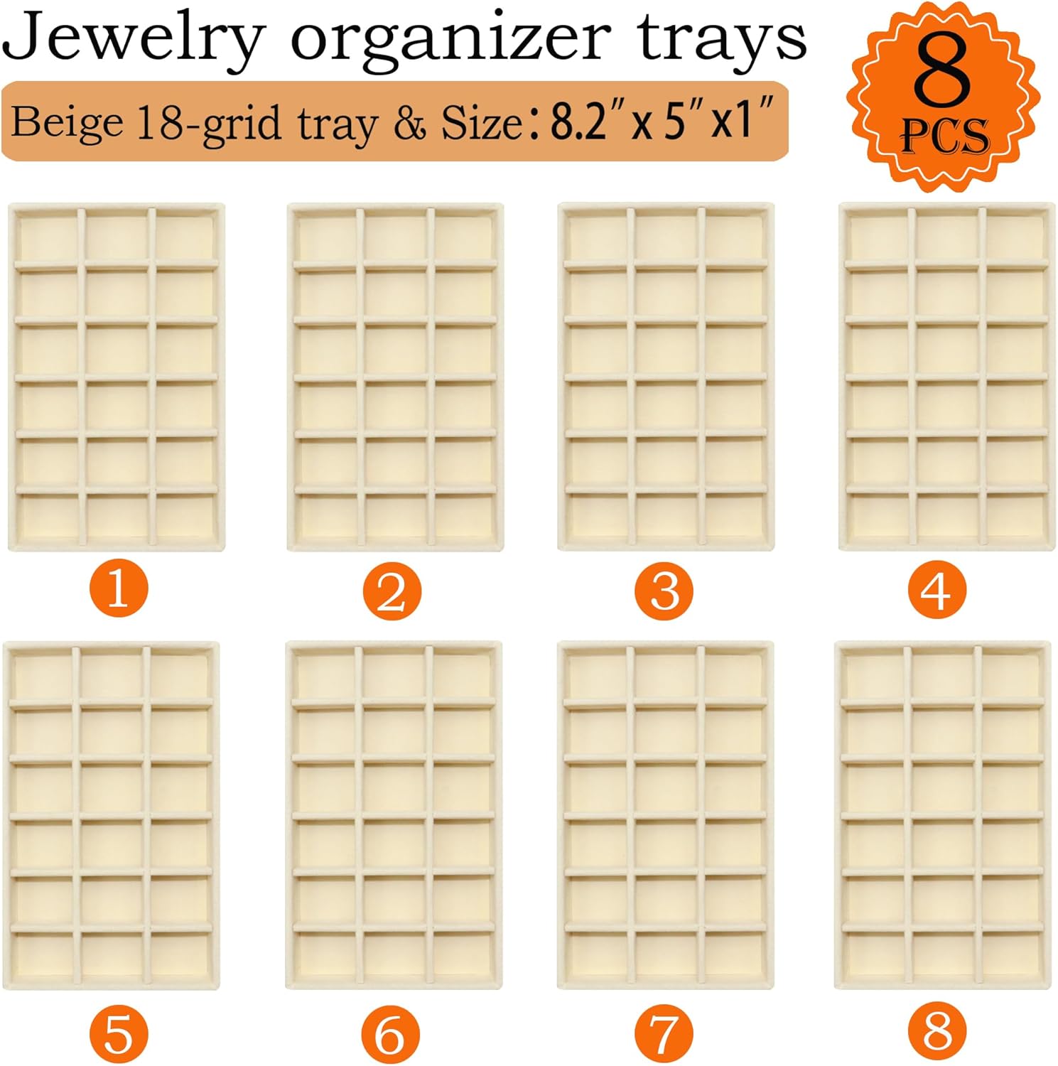8 Pack Stackable Jewelry Organizer Tray Velvet Jewelrry Storage Drawer Insert Earring Stacking Trays for Dresser 18 Grids