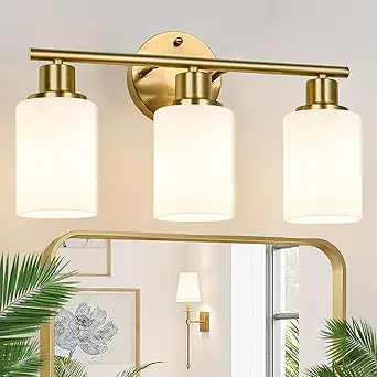 3-Light Bathroom Light Fixtures, Brushed Gold Vanity Light, Farmhouse Wall Lights with Milky White Frosted Glass Shades, Bathroom Wall Lamp for Mirror Kitchen Bedroom Hallway Living Room