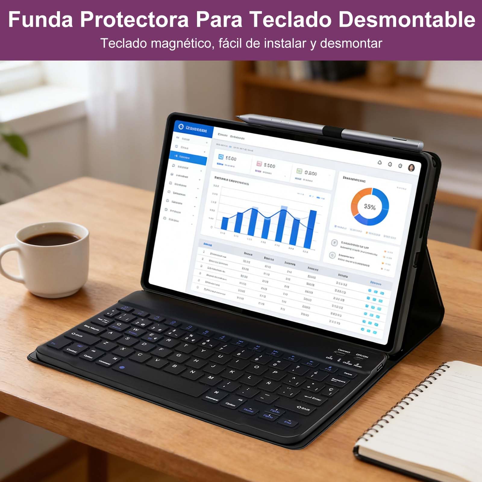 Funda con Teclado para Lenovo Tab 10.1" 2025 TB-311FU TB-311XU | Teclado Bluetooth Inalámbrico Desmontable Magnético, Funda Teclado para Lenovo 10.1 Pulgadas, Español Ñ