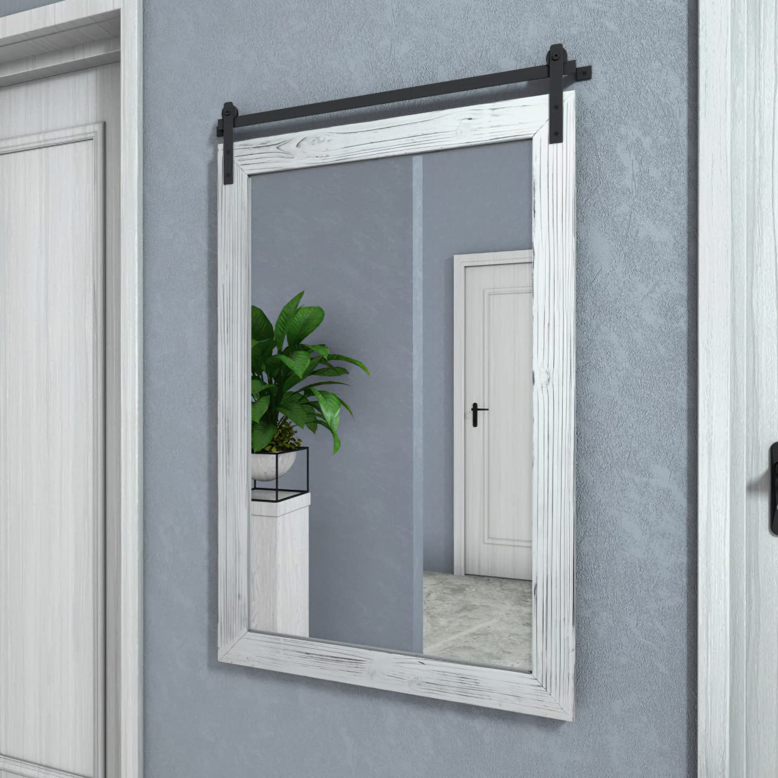 COGOOD Farmhouse Barn Door Mirror - 35" X 24" Rustic Wood Framed Wall Mirror for Bathroom, Living Room, Entryway Wall Decorative (White)