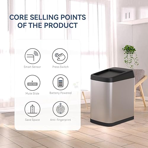 Miniatura 2 de ELLO&ALLO Bote de basura de cocina de 13 galones con tapa enrollable, sensor de movimiento automático sin contacto, cubo de basura rectangular,