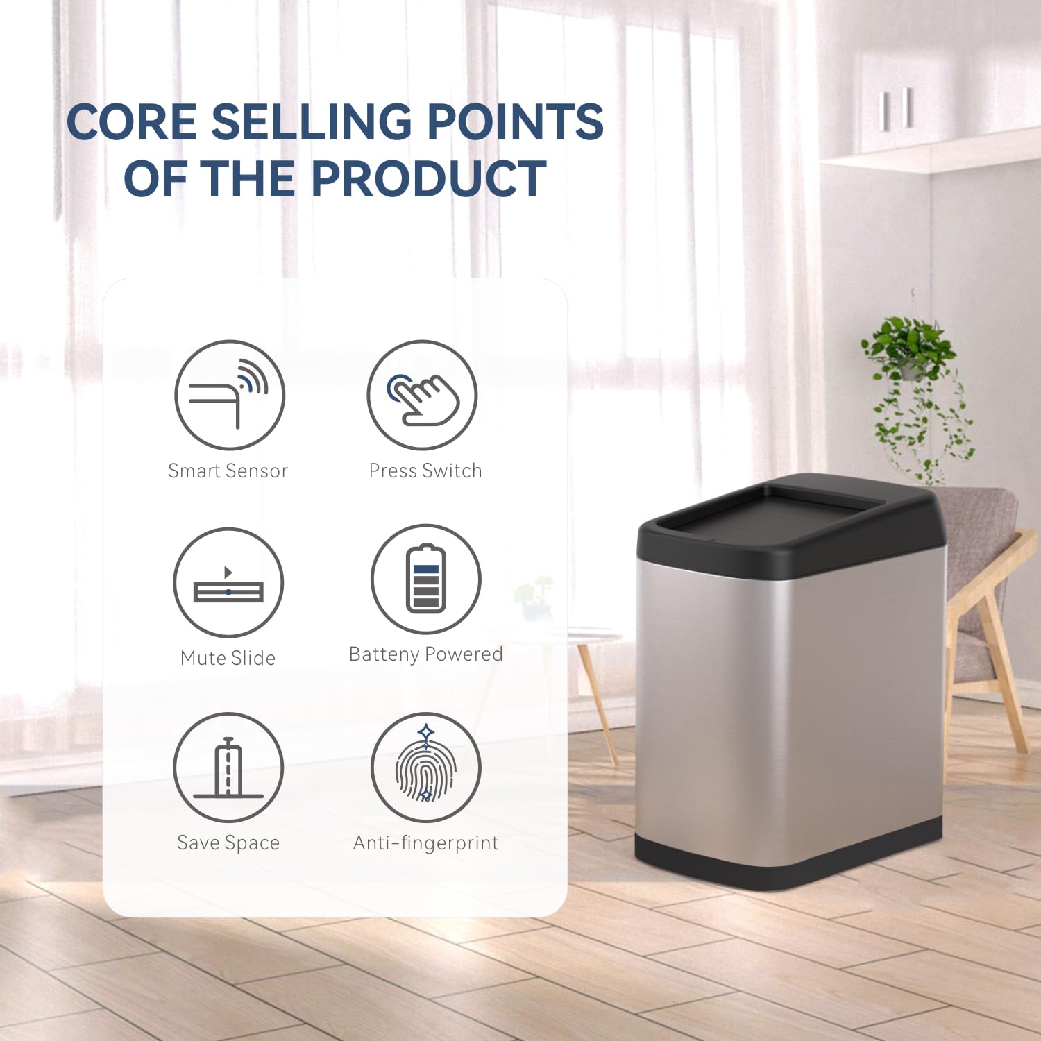 ELLO&ALLO Garbage Can Motion Sensor Trash Can 13 Gallon for Kitchen with Roll Up Lid, Automatic Touchless High-Capacity Waste Bin, Brushed Stainless Steel