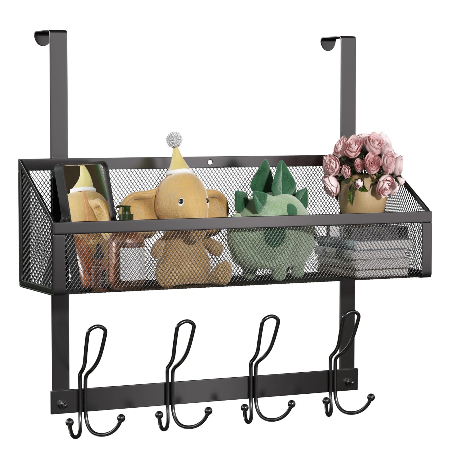 Upesitom Over The Door Hooks Organizer with 12 Hooks, Over The Door Storage Rack with Mesh Basket,Back of Door Storage Organizer Over The Door Hanger for Bedroom,Bathroom,Kitchen, Pantry, Black
