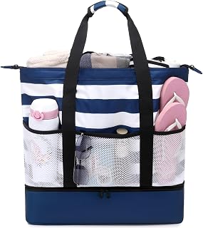 Beach Bag Women Waterproof Sandproof Beach Tote Bags with Cooler Top Zip...