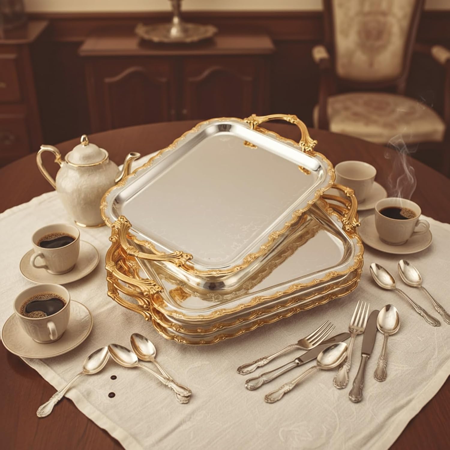 4 Pcs Silver Serving Tray with Handles Elegant Victoria Floral Engraved Metal Platters Large Decorative Trays for Buffet,Wedding Party, Jewelry Display, Service(Vintage,Slive and Gold)