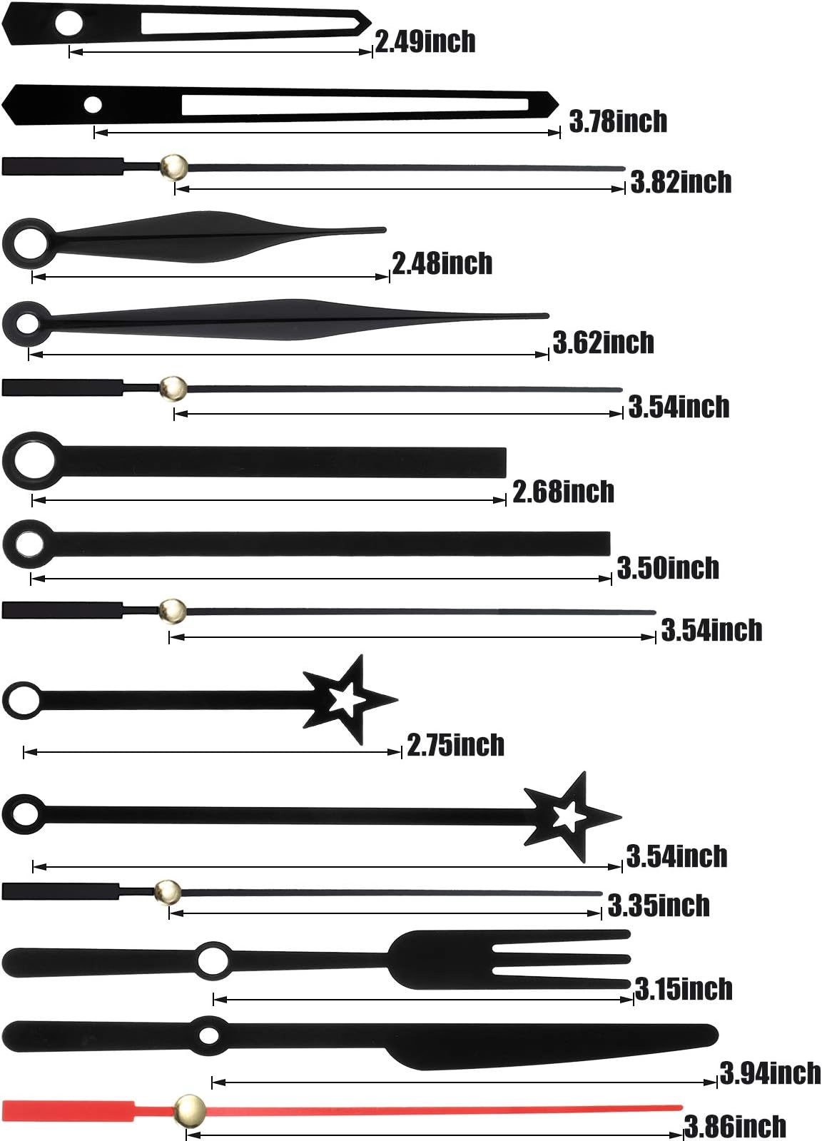 Mudder 14 Styles Black Clock Hands Only Clock Movements Clock Mechanisms, Non Ticking Hands, Clock Hands Replacement Kit Made of Aluminum, DIY Clock Parts for Clock Repair, 14 Kinds of Size, Black
