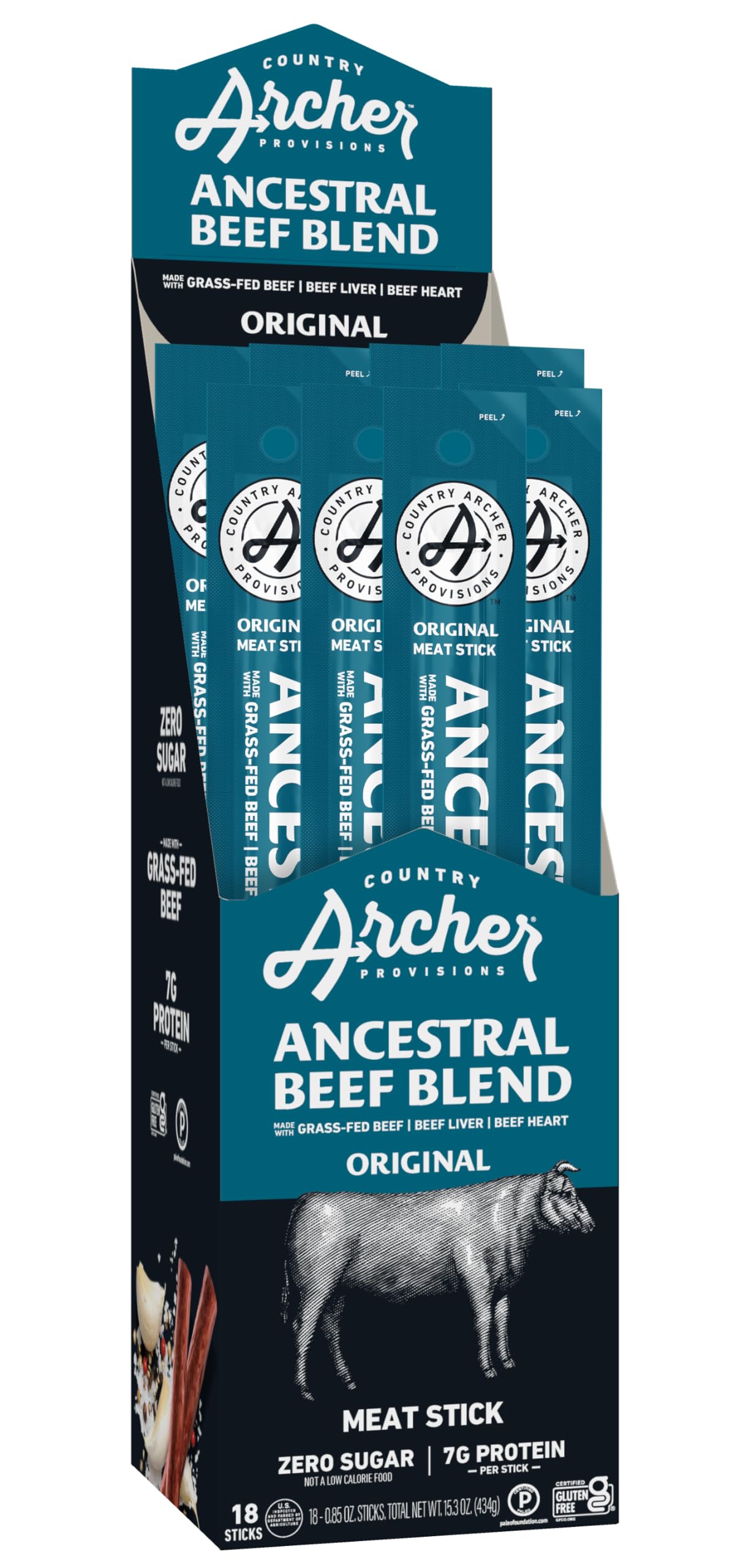 Country ArcherAncestral Beef Jerky Sticks - Grass Fed Beef Individually Wrapped, Sugar Free, Bulk, Jerky Snack Packs, Gluten Free, Paleo, Keto, 7g Protein Each - 1 oz (Pack of 18)