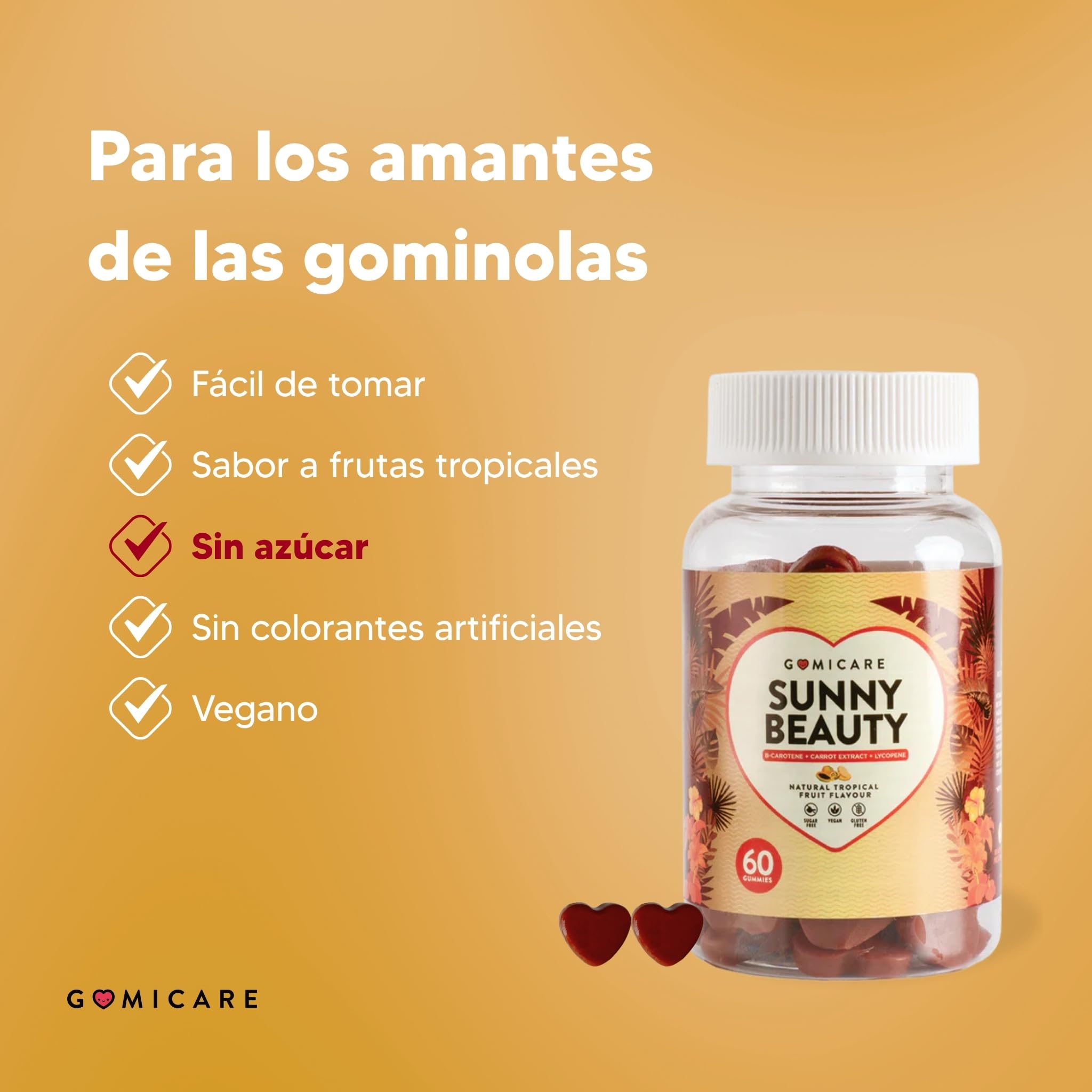 Gominolas bronceadores - Betacaroteno + Astaxantina + Luteina + Licopeno + Cobre - Protege la Piel y Acelera el Bronceado - 60 gominolas - Sin Azúcar - Sin Gluten